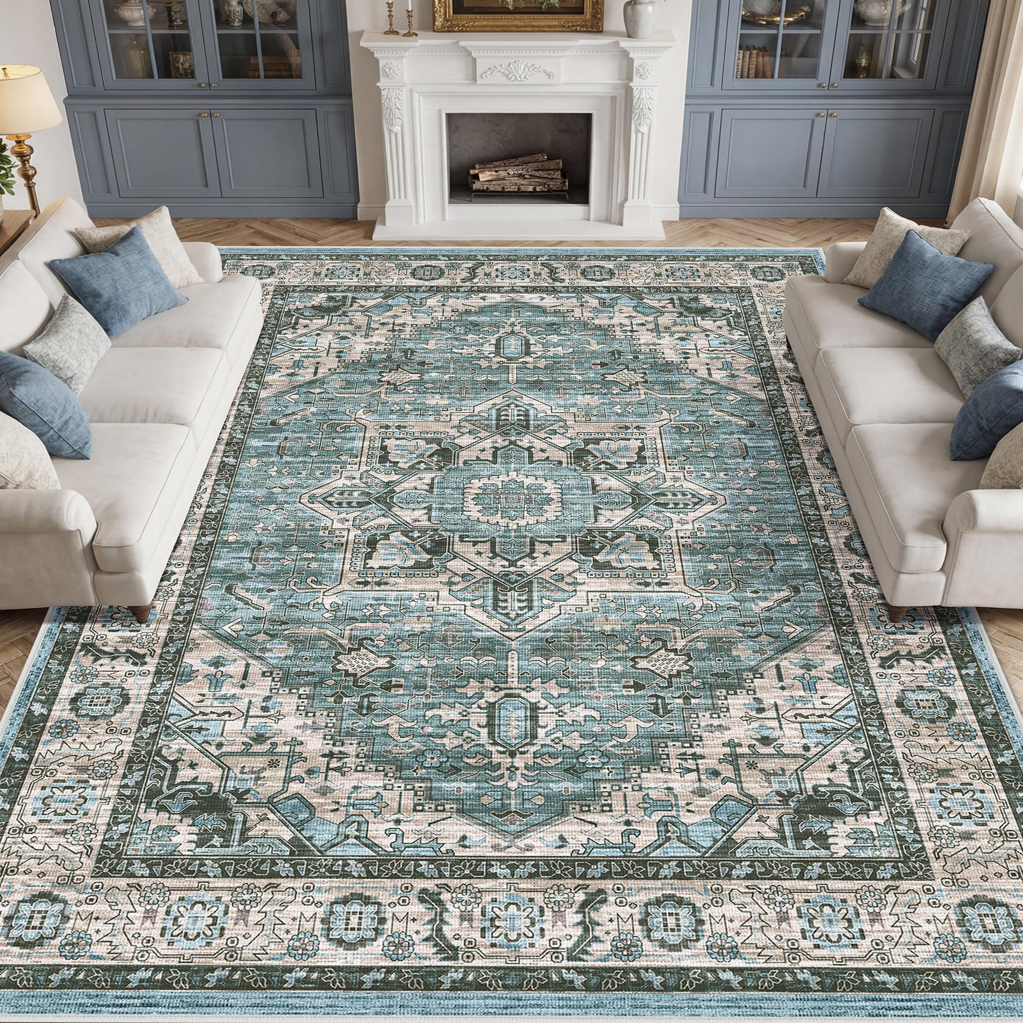 Autsel Rugs for Living Room Bedroom 240x340cm, Extra Large Machine Washable Area Rugs Non-slip, Vintage Boho Rugs, Soft Short Pile Carpet, Blue Runner Rugs for Hallway, Carpet for Kitchen, Office