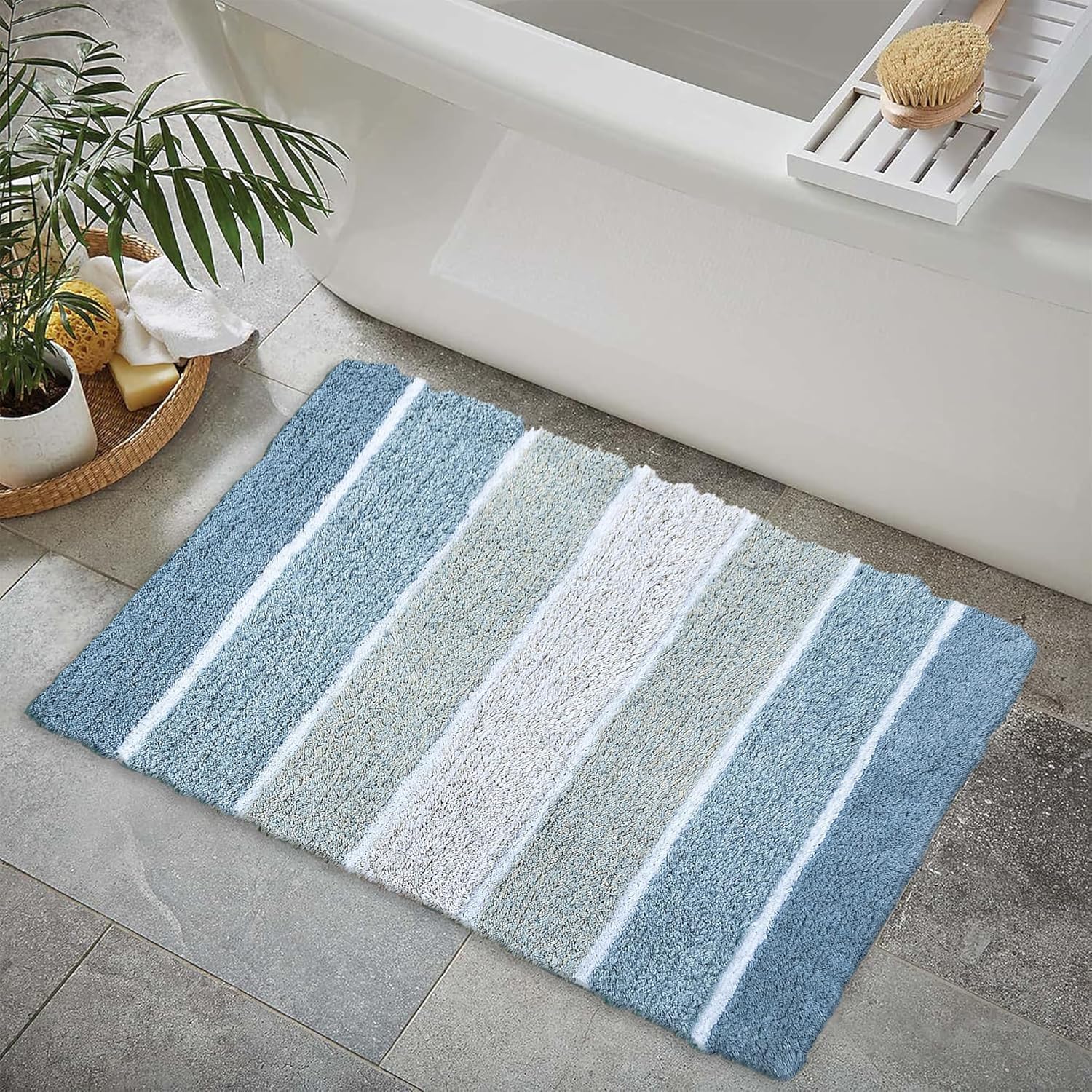 Chardin home Cordural Stripe Bath Mat, 24 x 40 Inches | Non Slip Bathroom Rug, Machine Washable, Plush, Highly Absorbent | Ombre Blues & White