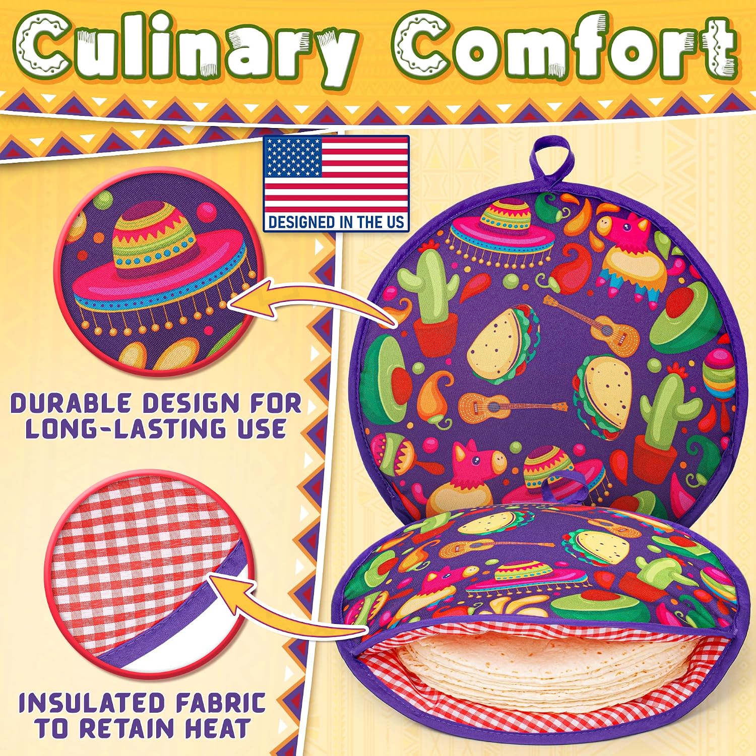Tortilla Warmer Pouch (Tacos, 12 Inch), Microwavable Fabric Tortilla Heater Pouch to Keep Tortillas Soft & Warm, Insulated Heat Keeper for Flour & Corn Shells, Ideal for Tacos & More