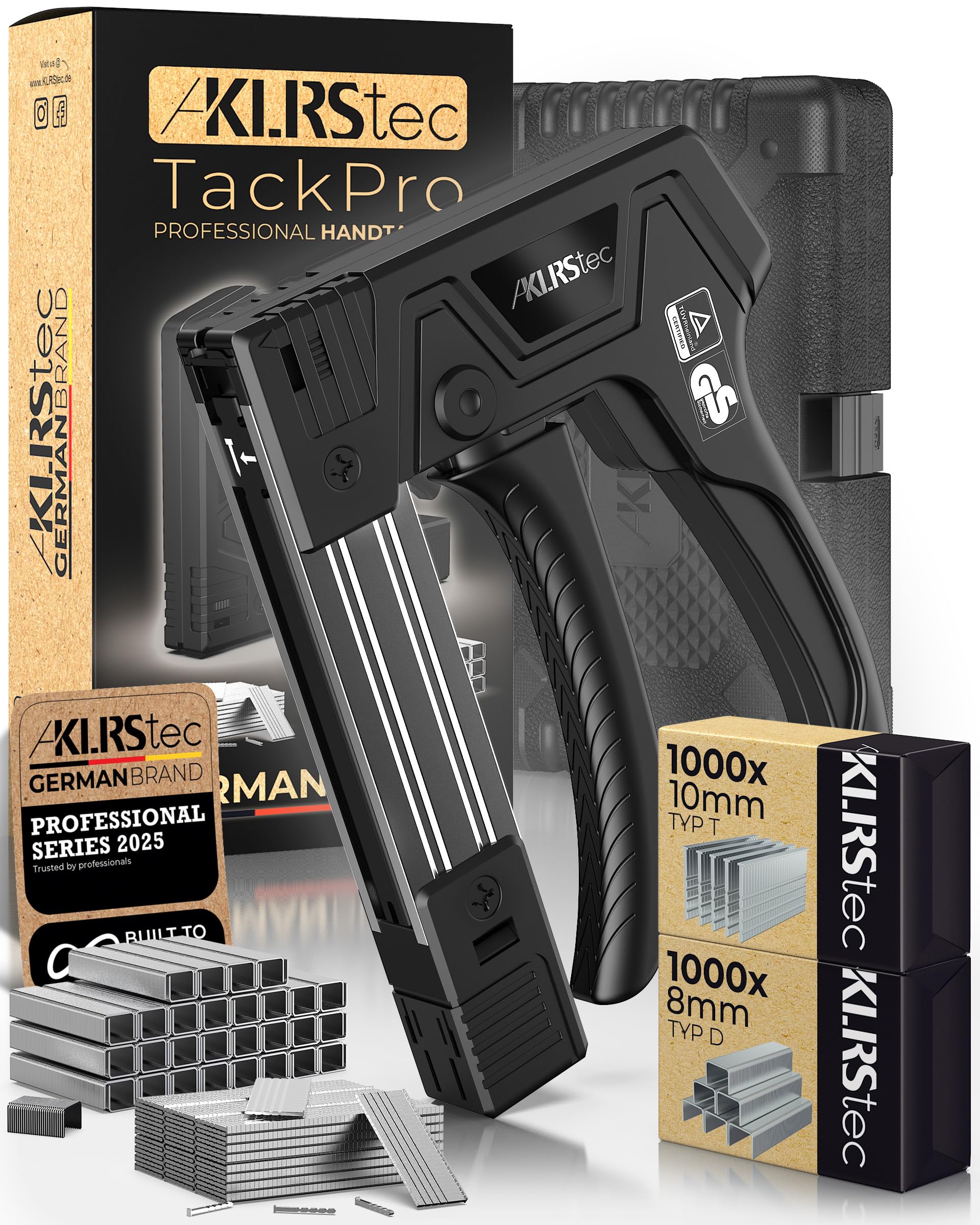 KLRStec TackPro Grapadora Manual – Pistola de Grapas con Gatillo por Tracción – Grapadora para Madera y Tapicería – Incluye 2000 Grapas Tipo D & T – Herramienta Ergonómica y Potente