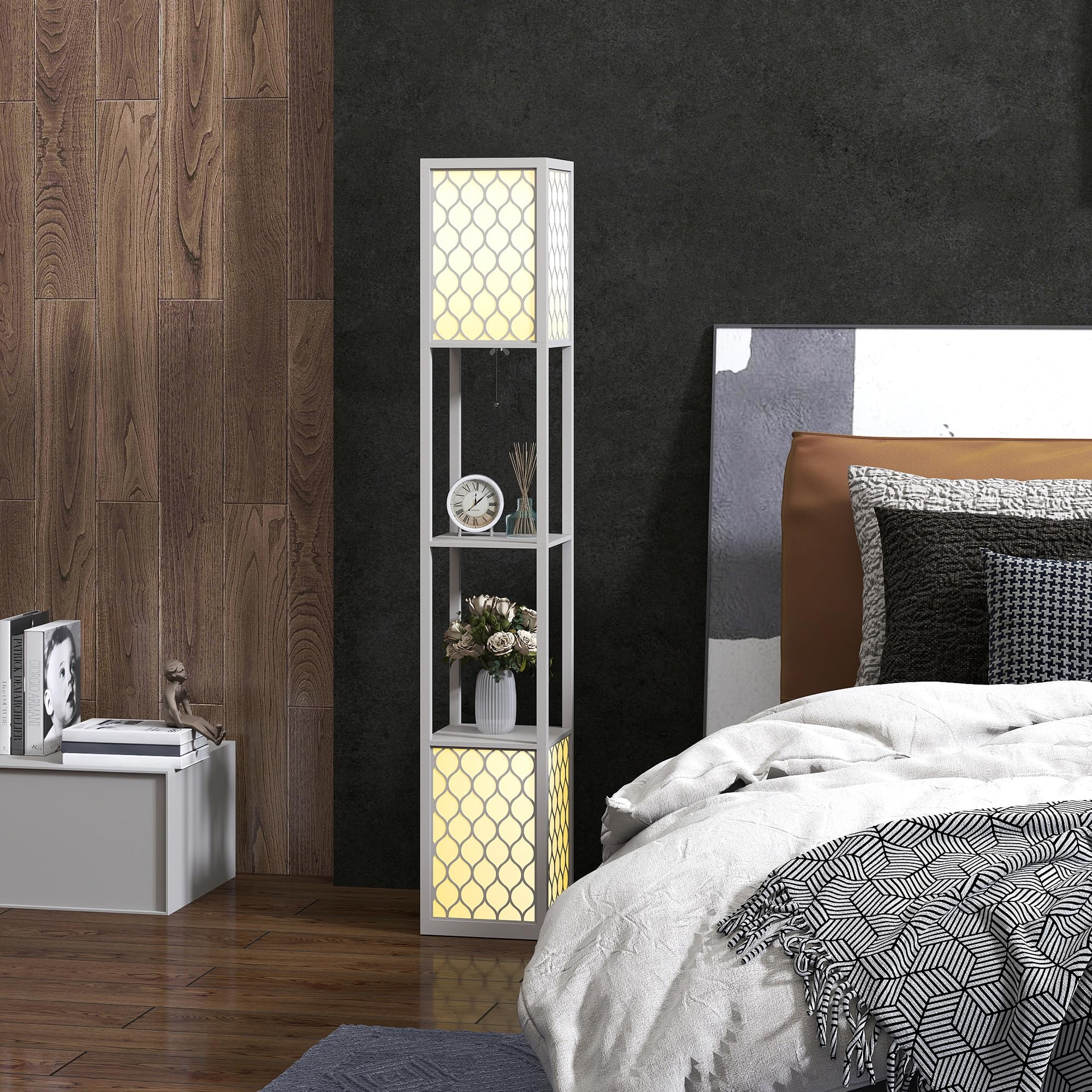 HOMCOM Lámpara de Pie con Estante, 2 Lámparas con Casquillo E27, 2 Estantes, 4 Niveles, Diseño de Nido de Abeja, Pantalla de Terileno Algodón, MDF, Gris