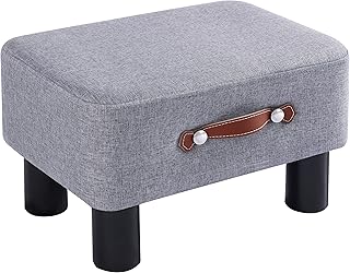 Yawinhe Small Footstool Ottoman, Fabric Rectangle Ottoman Footrest, Bedside Step Stool with Wood Legs, Padded Footstool Small Step Stool for Living Room, Office, Desk, Patio, Grey UFS001G