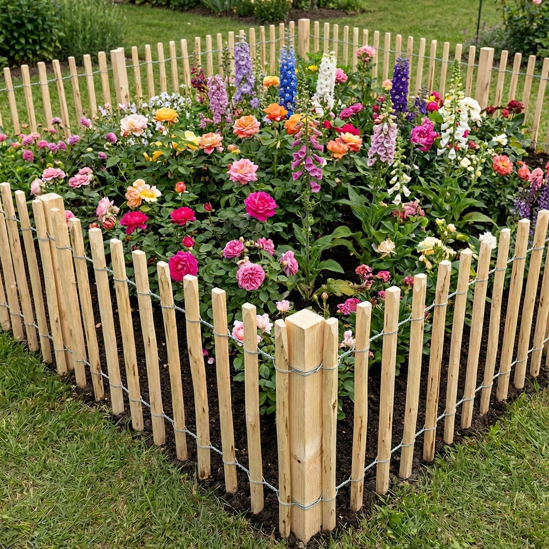 Beeteinfassung Haselnuss aus Holz mit Metall, 5 m lang, Rasenkante, Beetzaun, Beeteinfassung, Beetumrandung, Zierzaun, Staketenzaun, Zierzaun, Gartenzaun zum Stecken, Steckzaun