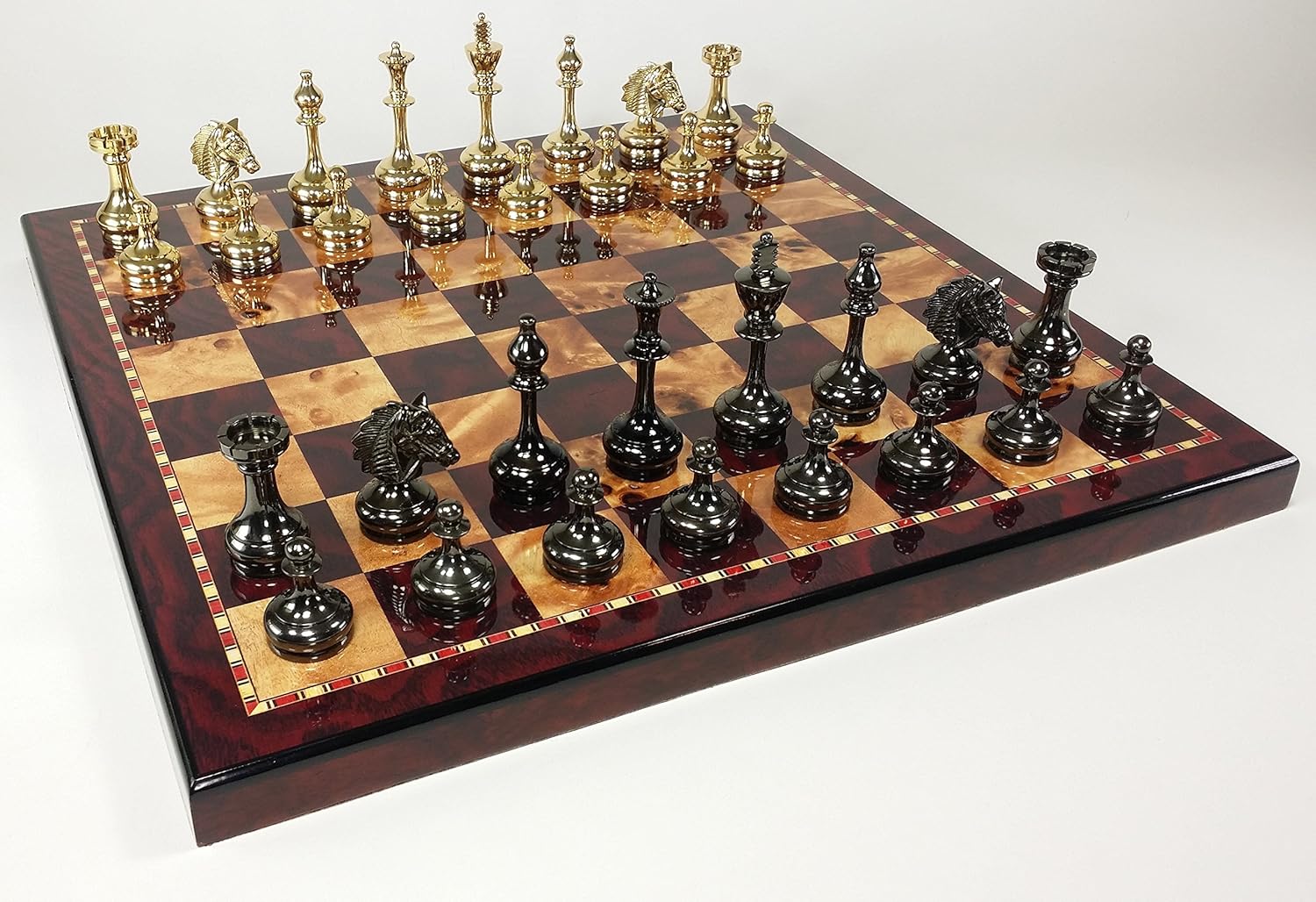 HPL Real Brass Metal Staunton Bridled Knight Chess Set Gold and Black Chrome with Cherry Color Board