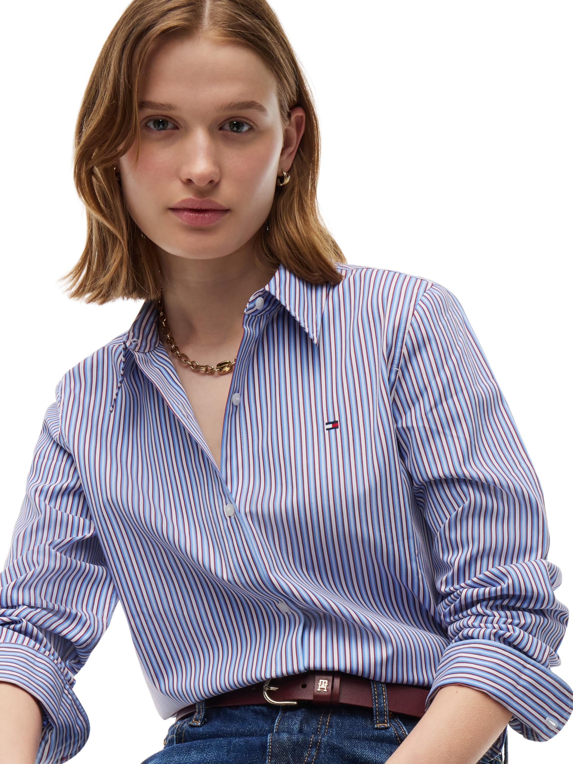 Tommy Hilfiger Women's, Summer Poplin Regular Shirt Ww0Ww51155, L/S Shirt, Blue Burgundy Multi Stripe, 52