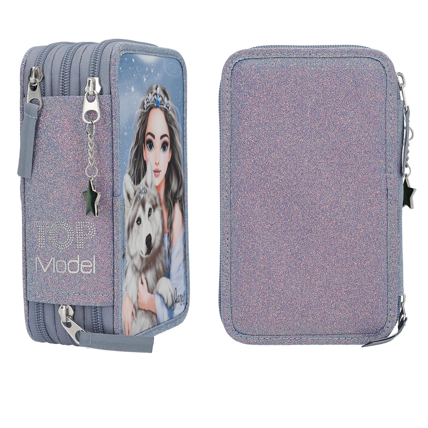 Depesche 13149 TOPModel Wolf - Trousse à Crayons remplie à 3 Compartiments en Bleu foncé, avec Motif de modèle, étoiles et Paillettes, Trousse à Crayons avec Crayons de Couleur et Bien Plus Encore