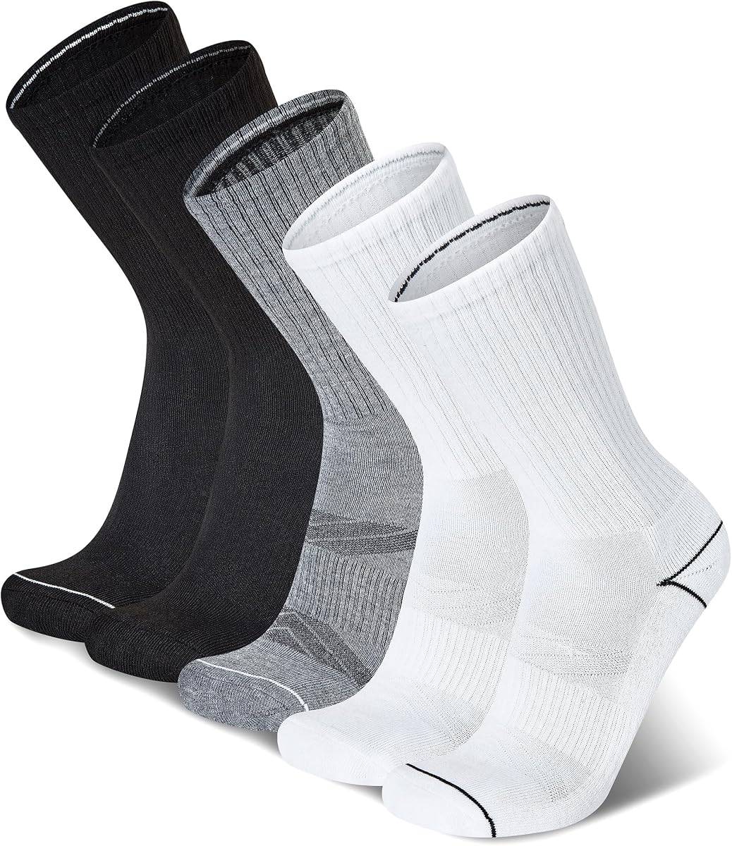 Men's Cushioned Crew Socks 5-Pack - Moisture-Wicking Athletic Crew Socks with Arch Support (Sizes 6-12)