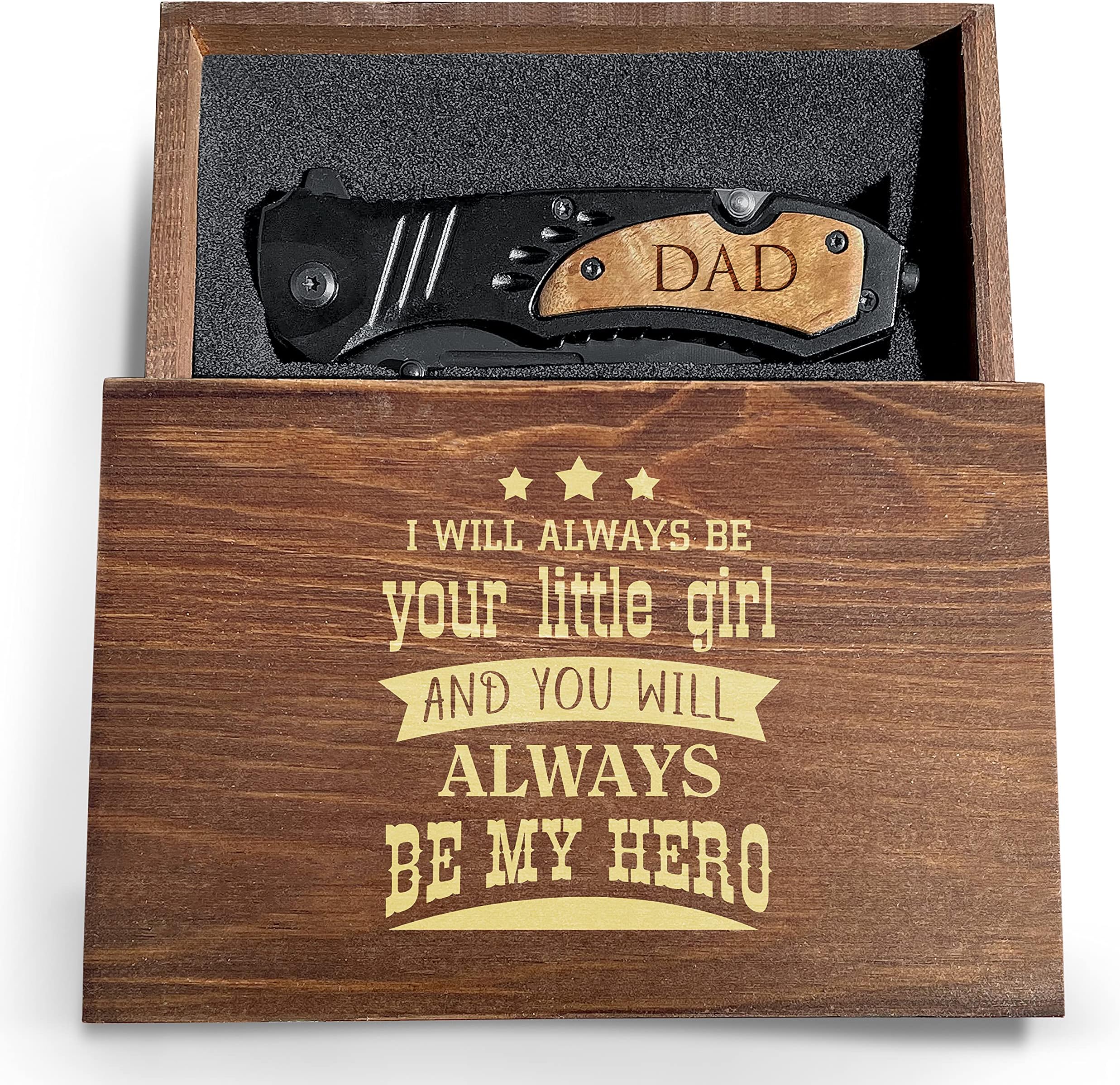 Cool Pocket Knife for Dad, Engraved Black Pocket Knife W/Wooden Box, Tactical Folding knife, Knife for Day, Fathers Day knife From Daughter