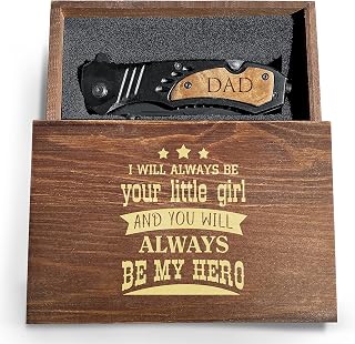 Cool Pocket Knife for Dad, Engraved Black Pocket Knife W/Wooden Box, Tactical Folding knife, Knife for Day, Fathers Day knife From Daughter
