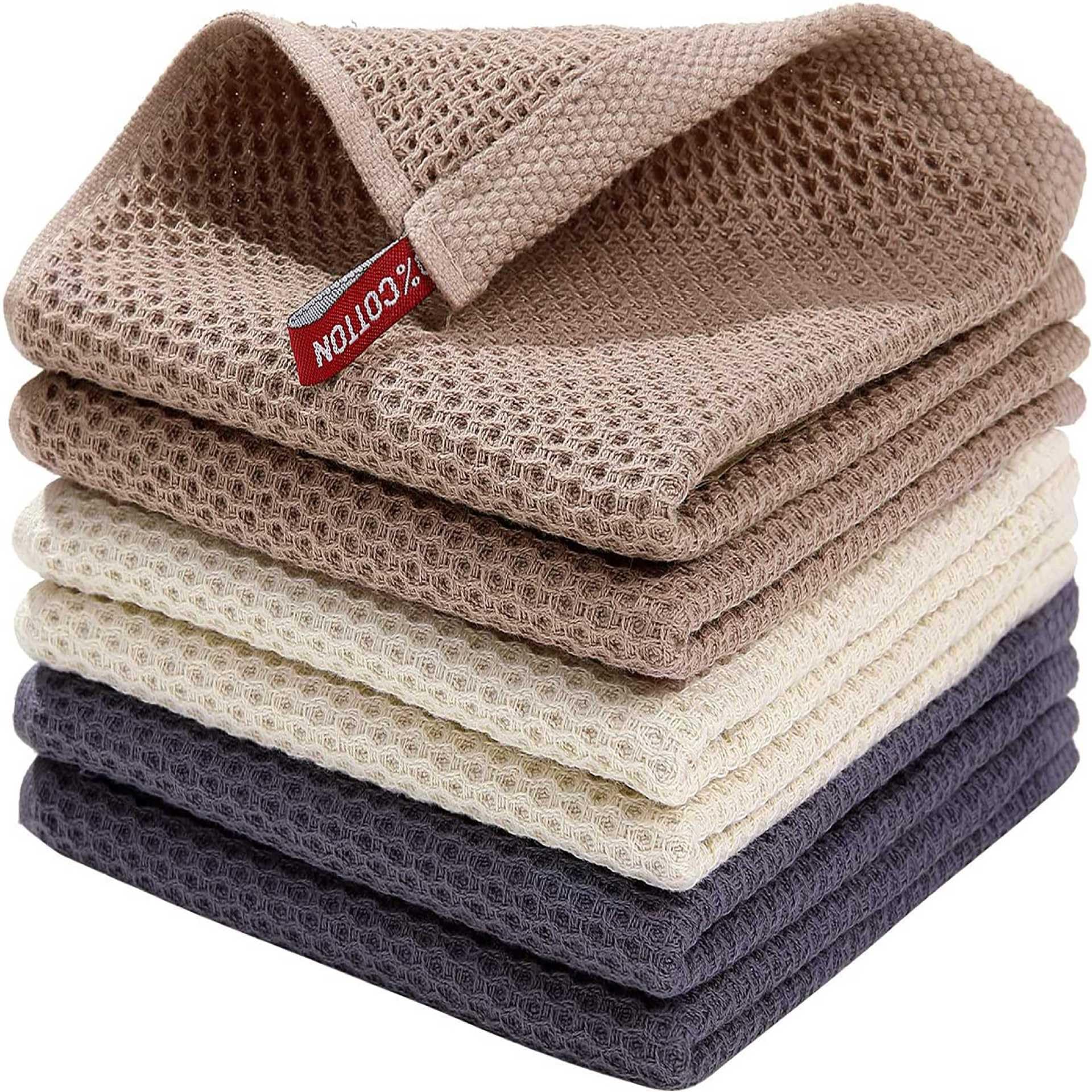 JOZUTTOW 100% Cotton Waffle Weave Kitchen Dish Cloths, Ultra Soft Absorbent Quick Drying Dish Towels, 34x34 cm, 6-Pack, Beige&Brown&Dark Grey