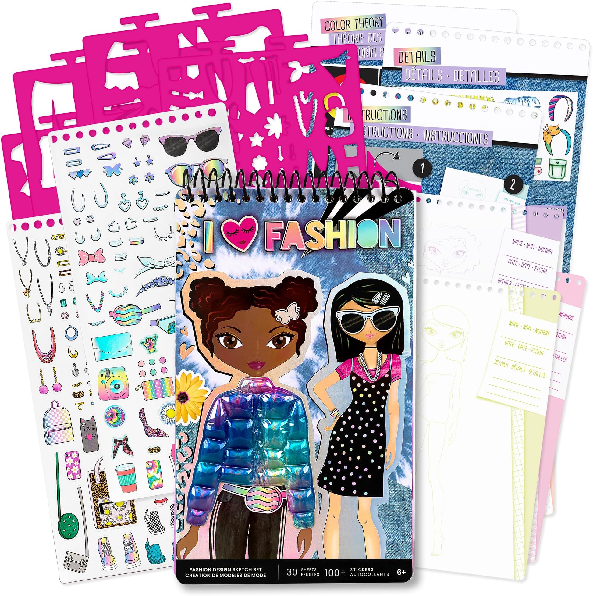 Fashion Angels Fashion Design Sketch Kit - Compact Portfolio Sketchbook for Girls, Fashion Coloring Book for Kids Ages 6+ and Up, Comes with Stencils and Stickers