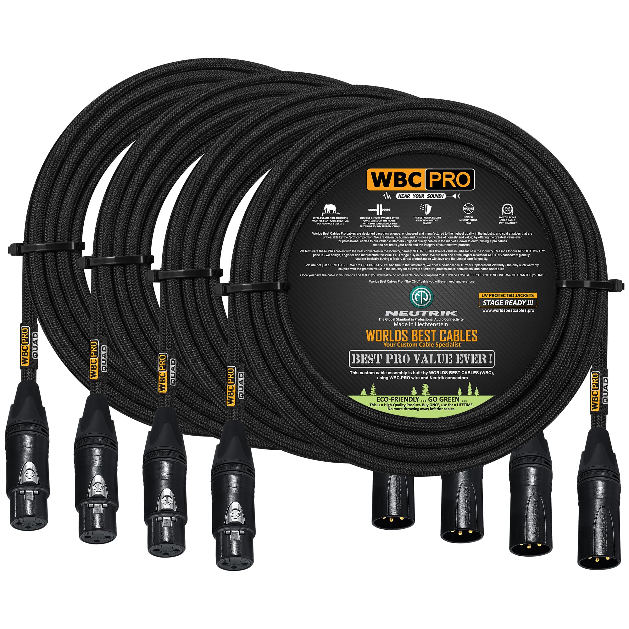 4 Units - 30 Foot - WBC-PRO-Quad Ultra-Silent Ultra-Flexible Balanced Star-Quad Cable with Neutrik Male & Female XLR Plugs & Black Tweed Jacket