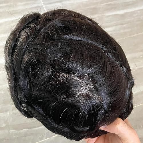 Miniatura 2 de Tupé de poliuretano fino transparente para hombre con bucle en V de 0.002 in, sistema de reemplazo de cabello humano real, tupé para hombres, piel
