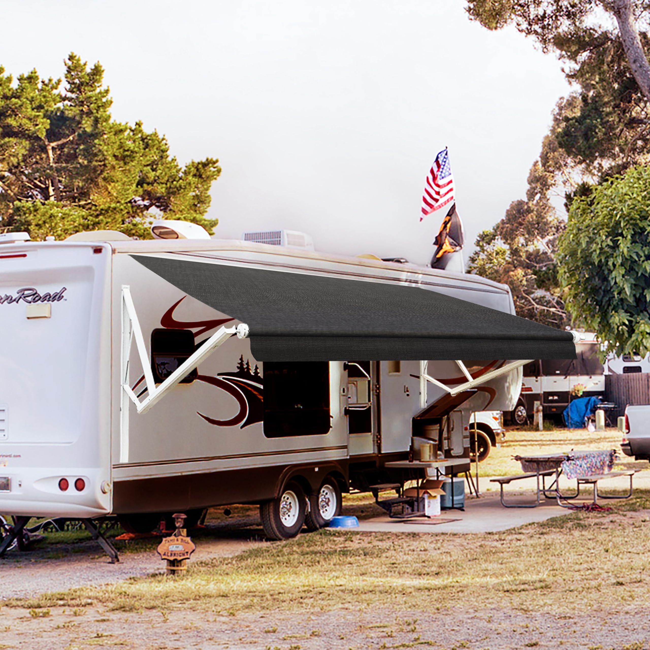 Awnlux White Motorized Modular Retractable RV Awning Full Set Assemblies for RV, 5th Wheel, Travel Trailers, Toy Haulers, and Motorhome - RV Trailer Awning for Home or Camper - 12x8 Ft - Solid Black