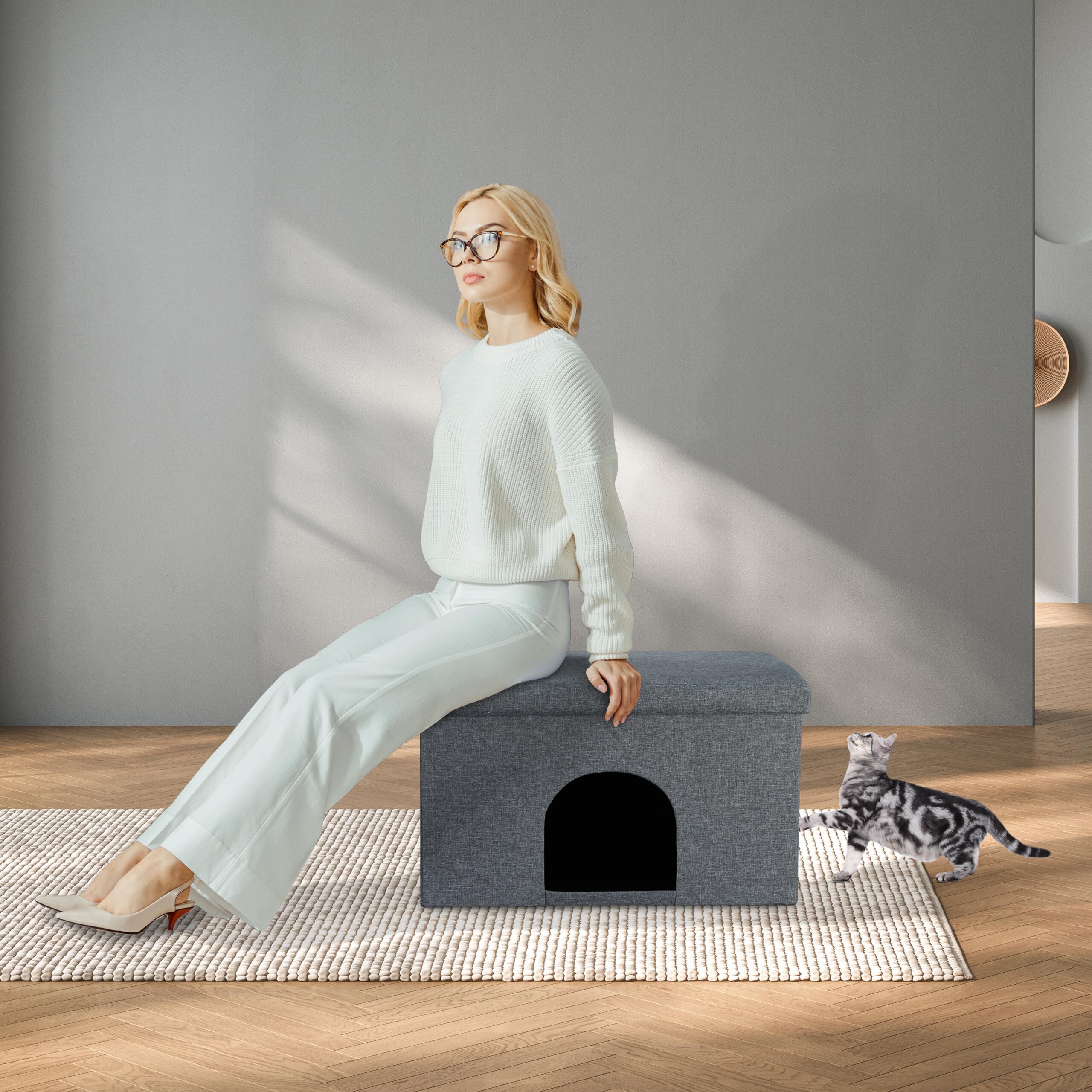 Relaxdays Legowisko dla kota z nakładką, składany taboret do siedzenia, schowek dla kotów i psów, wys. x szer. x gł.: 38,5 x 64,5 x 37,5 cm, szary