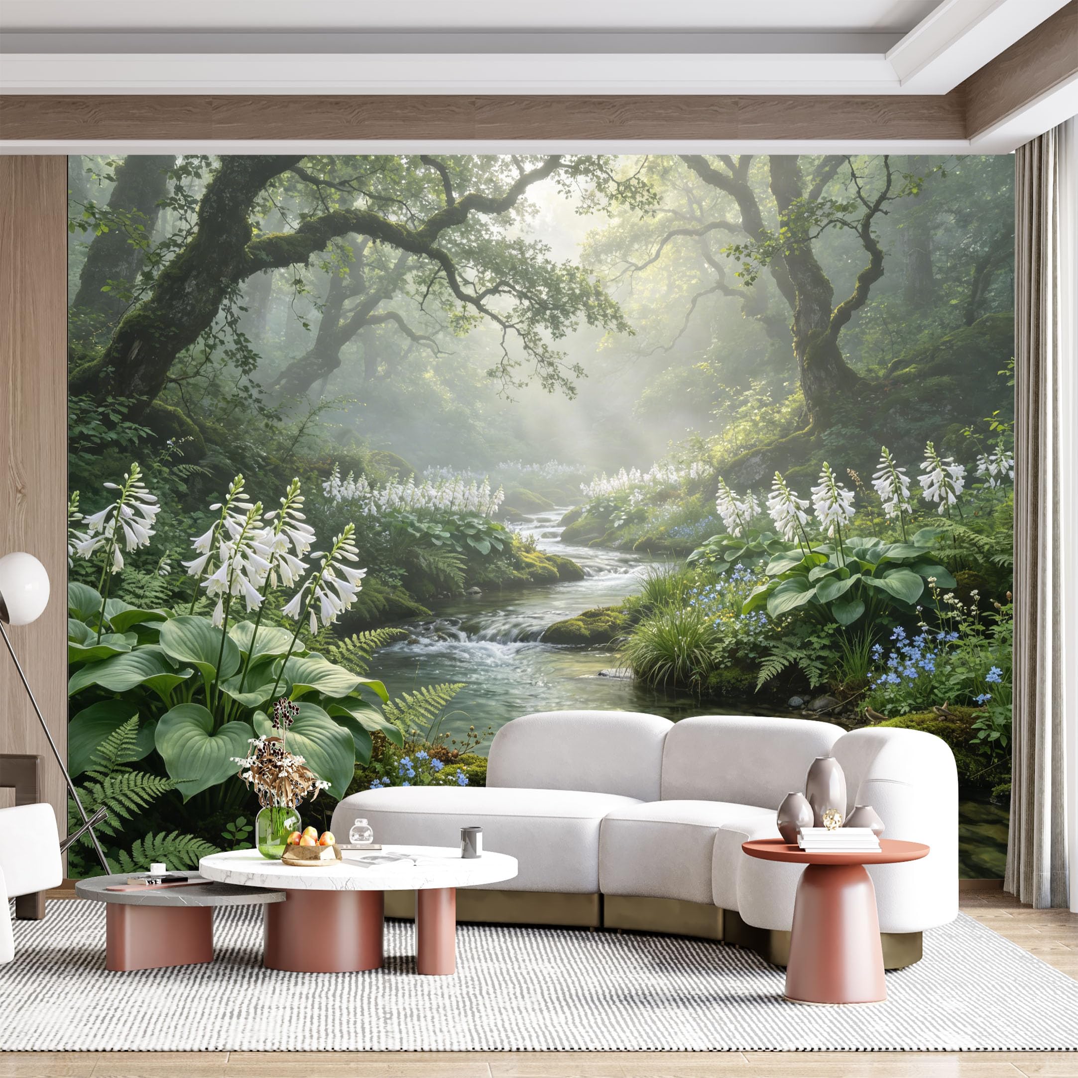 Custom Size Wall Mural Enchanted Forest Stream Lush Botanical Landscape with White Flowers and Misty Sunlight SelfAdhesive Wall Fabric Removable for Home Office Decor