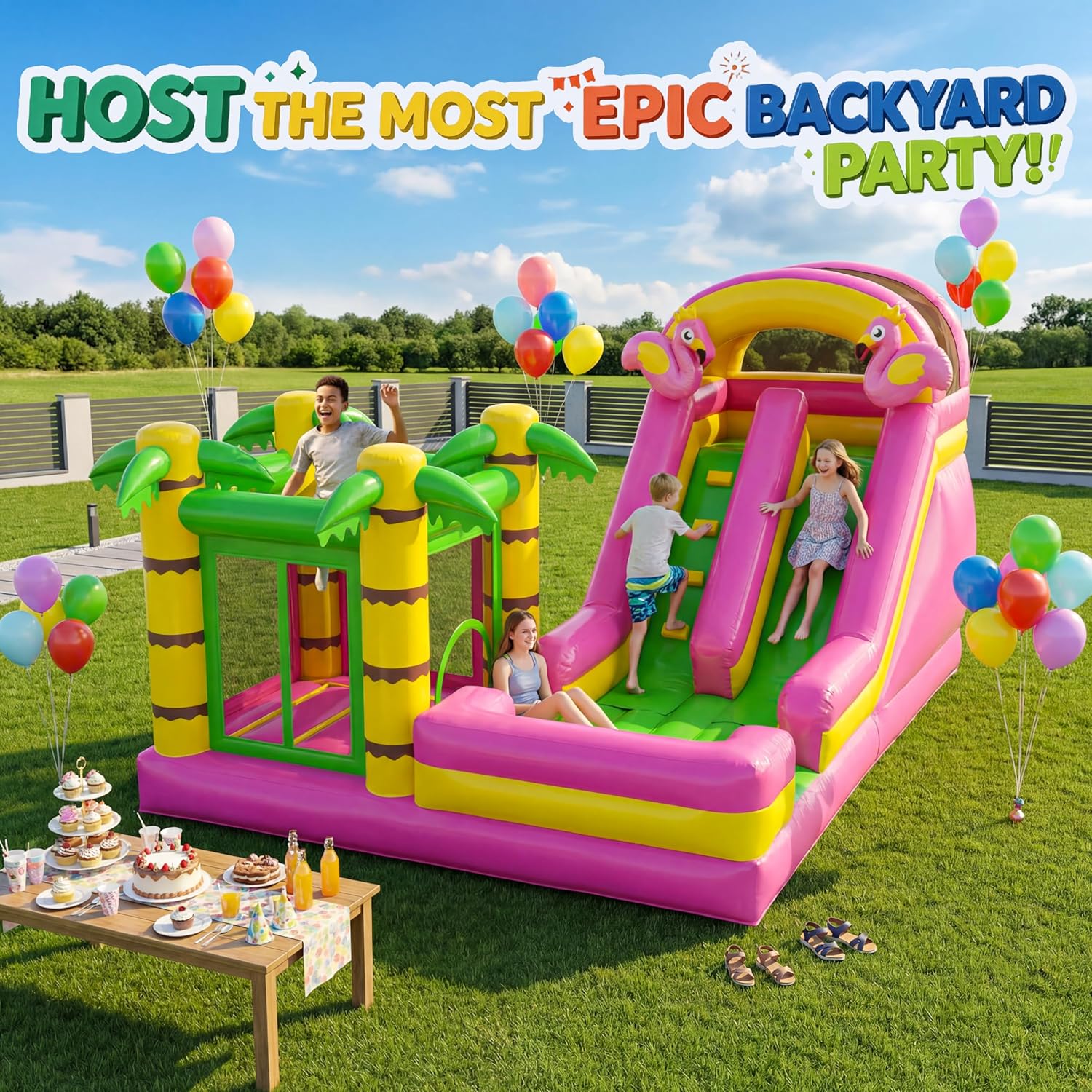 Giant 16FT Flamingo Inflatable Bounce House with Slide for Teens & Adults, Commercial-Grade PVC Mesh Fabric Bouncy Castle with Climbing Wall, Basketball Hoop, Target Game, 950W Blower, Carry Bag