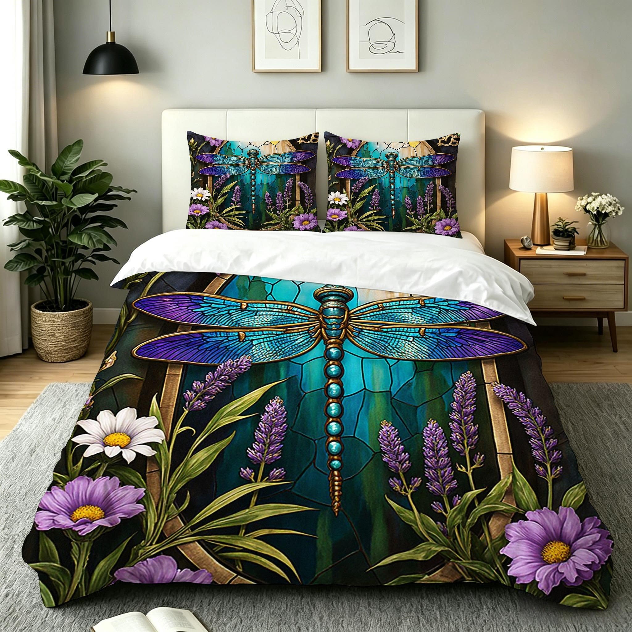 Housse de couette libellule bleue 160x200 en microfibre douce anti-glisse