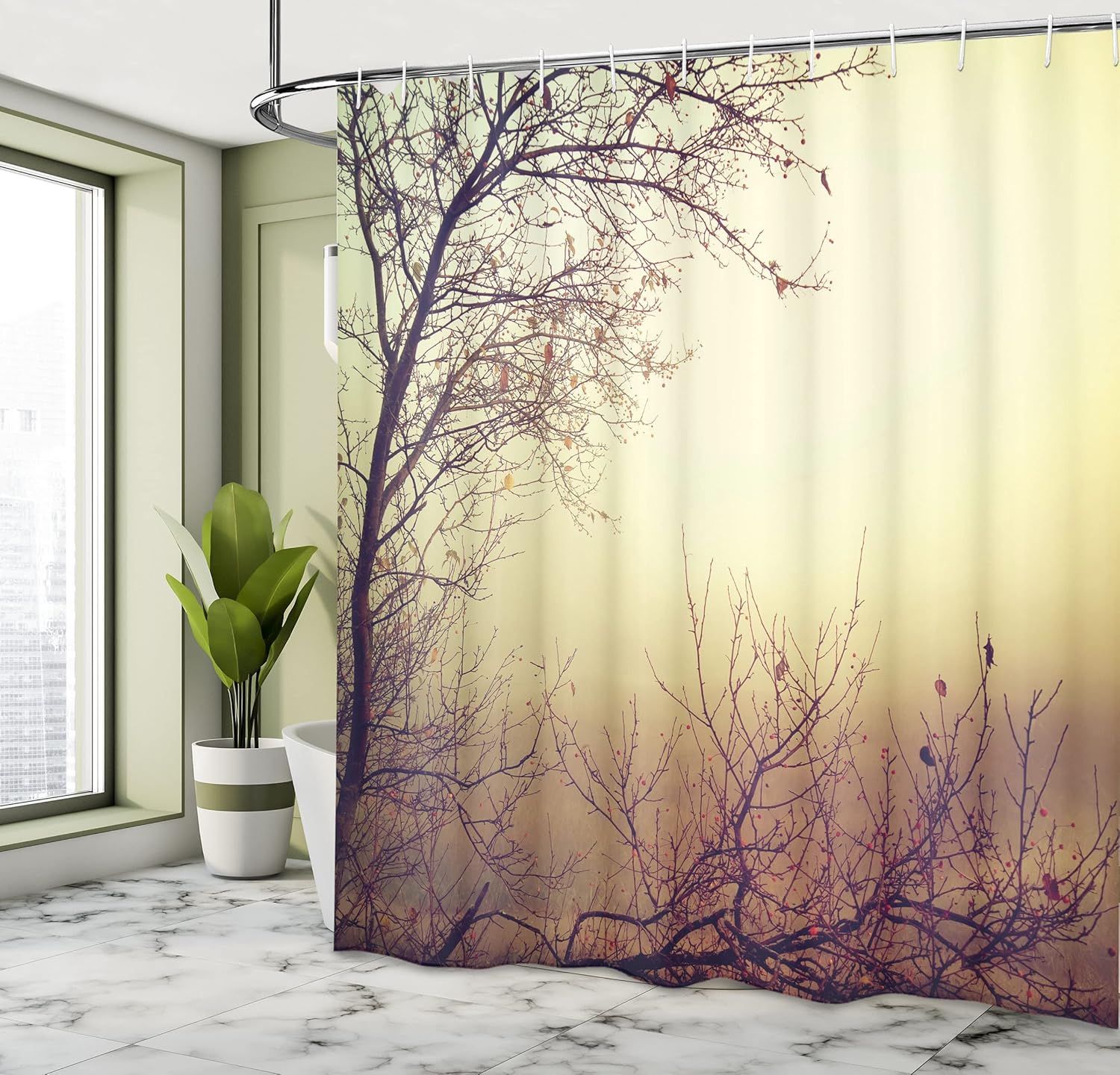 Ambesonne Nature Shower Curtain, Vintage Leafless Autumn Tree Branches Background in Saturated Tones Ecology Art Picture, Cloth Fabric Bathroom Decor Set with Hooks, 69" W x 84" L, Taupe Sepia