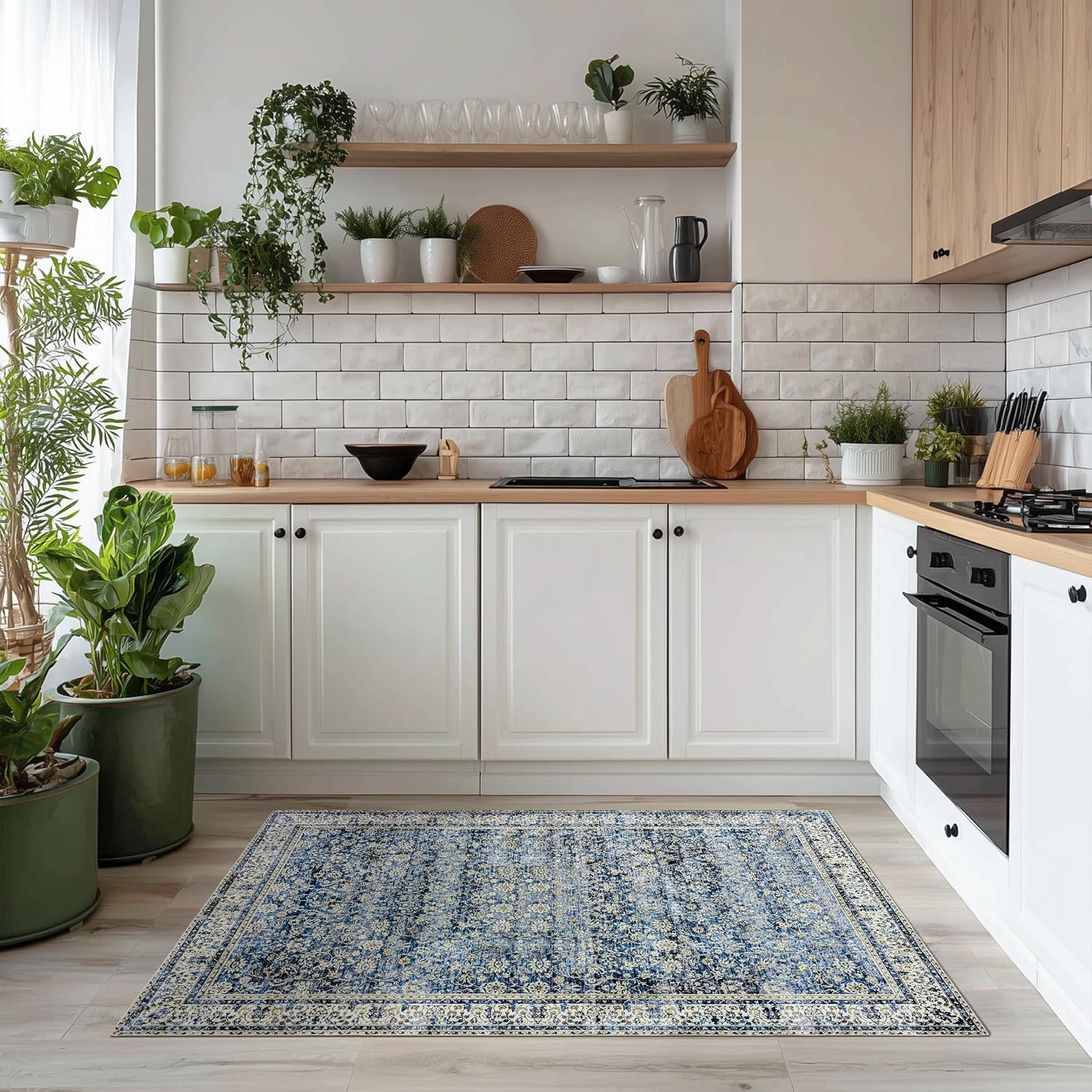 3x5 Front Door Rug Indoor Entrance Blue Bathroom Rugs Non Slip Washable Soft Vintage Boho Distressed Low Pile Carpet with Rubber Backing Dark Blue Rugs for Kitchen Floor Laundry Room 3 x 5