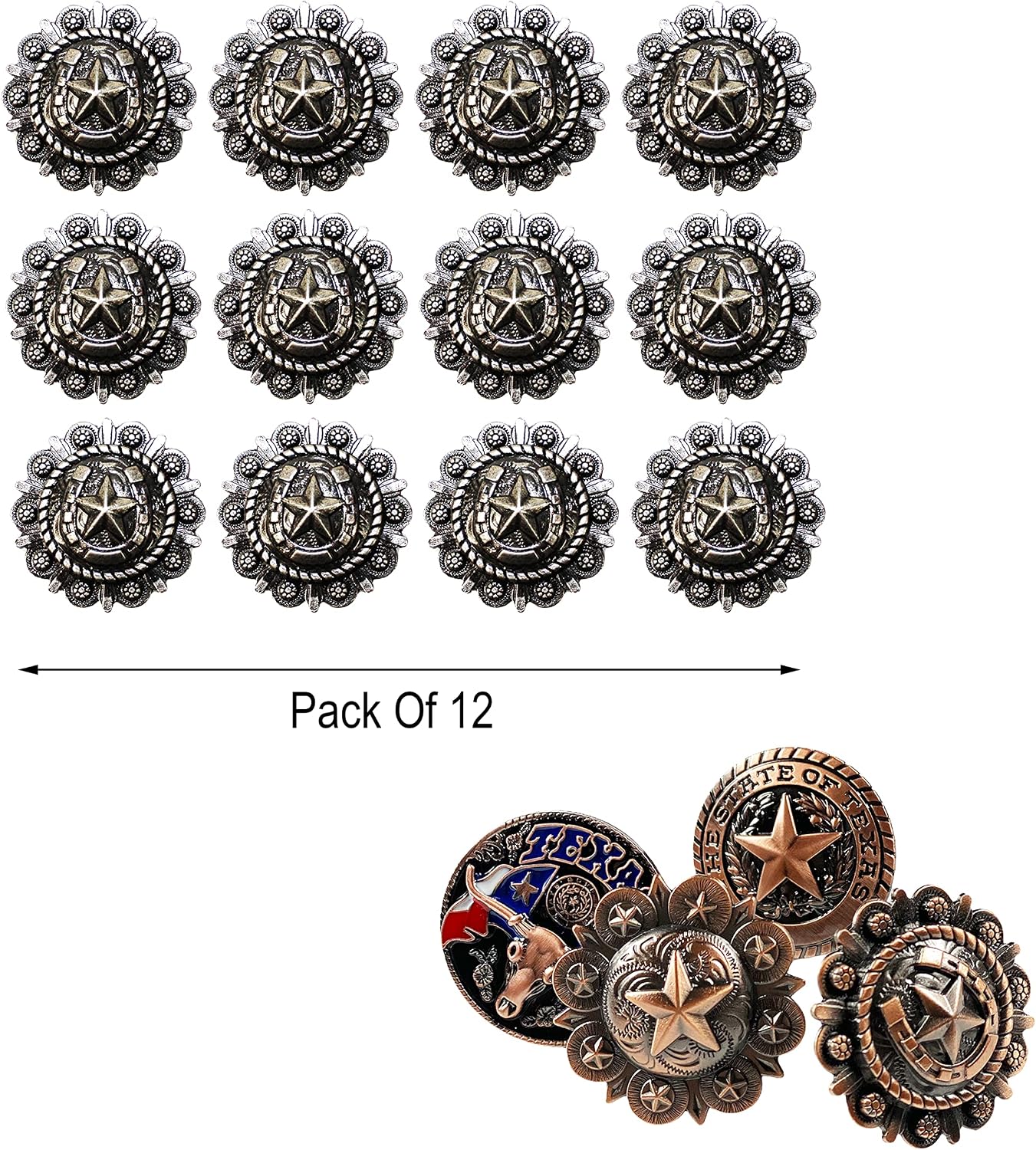 Urbalabs Western Horseshoe Star Silver Concho Kitchen Cabinet Set of 12 Drawer Knobs Ranch Dresser Knobs Pulls for Country Farmhouse Old Western Drawer Knob (Large Concho Silver Horseshoe Star)