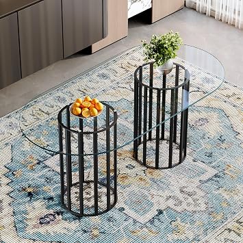 Oval Tempered Glass Dining Table for 4-8 People, 71 Tall Kitchen Tables for Small Spaces, Modern Dinning Room Furniture, Metal Pillar Base, for Living Room, Kitchen, Dining Room, Black