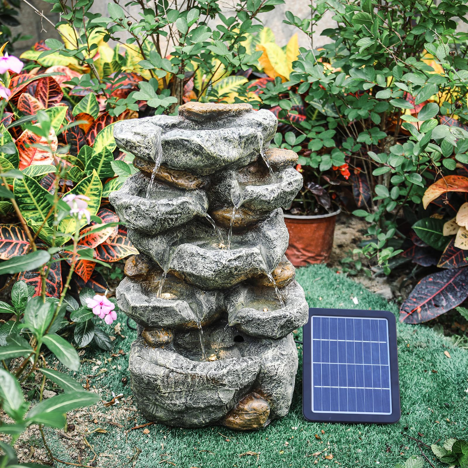 Warmiehomy Solar Springbrunnen Kaskaden-Zimmerbrunnen Wasserfall mit LED-Licht, Solarbrunnen für Draussen, Solar Gartenbrunnen für Außen, Wasserspiel für Garten Balkon