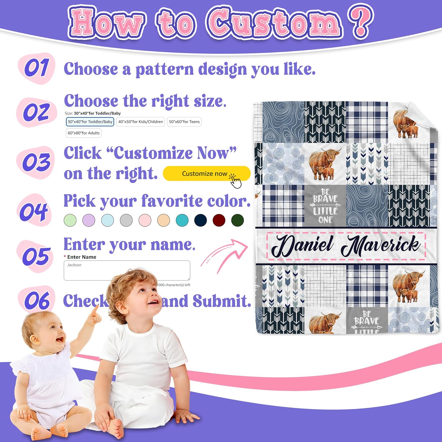 Blue Cow Baby Name Blanket,Personalized Cow Print Blanket for Girl Boy,Highland Cow Custom Baby Blanket with Name,Baby Cows Stuff Gift for Toddler Newborn,Nursery Stroller Crib Cows Decor Throw40 x50