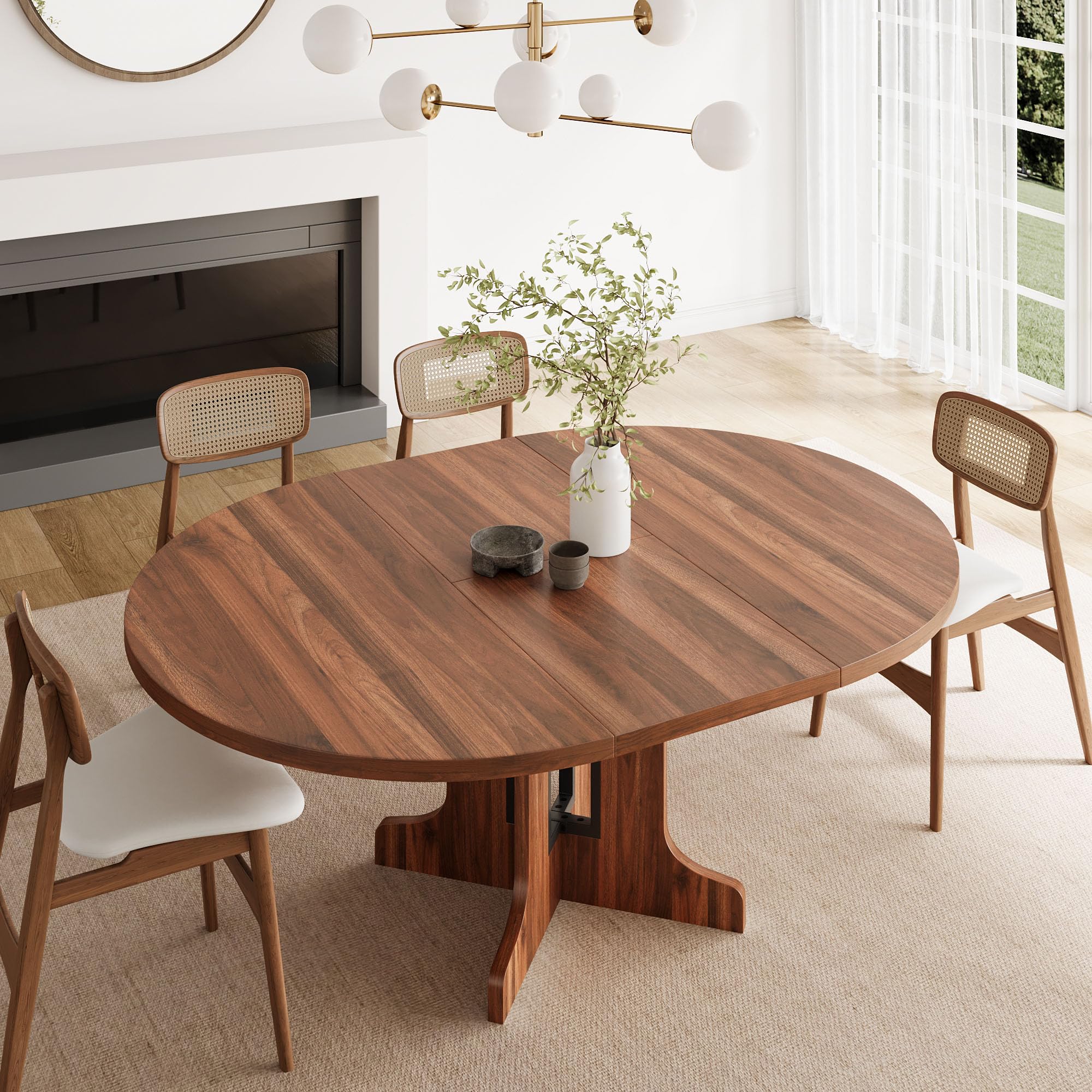 Feonase 59 Round Extendable Dining Room Table for 4-6 Modern Oval Kitchen Table with Heavy Duty Wood Base