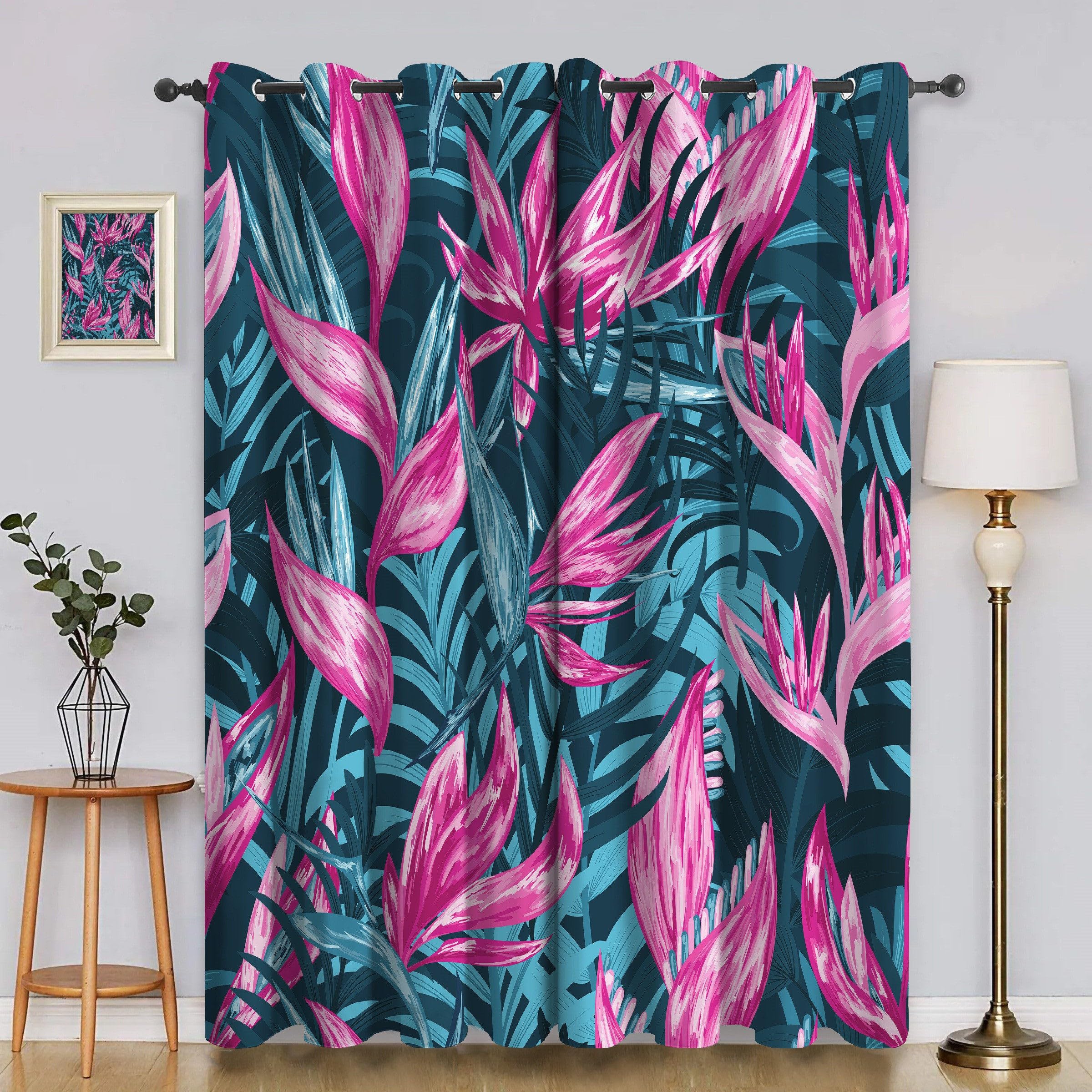 Genérico Dekoracyjne Zasłony Liście Jasnoniebieskie - Nieprzezroczyste Termiczne 2 sztuki 140x145cm, izolowane na zimno/ciepło do salonu i sypialni z pierścieniami AJ457