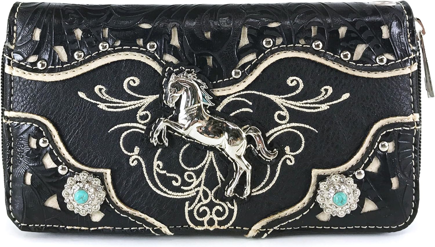 Justin West Western Embroidery Horse Turquoise Concho Rhinestone Studded Shoulder Tote Handbag Purse Wallet