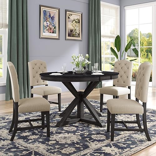 Miniatura 10 de LUMISOL Juego de mesa de comedor redonda extensible para 4 a 6 personas, juego de mesa de cocina de comedor de granja con 4 sillas tapizadas, juego