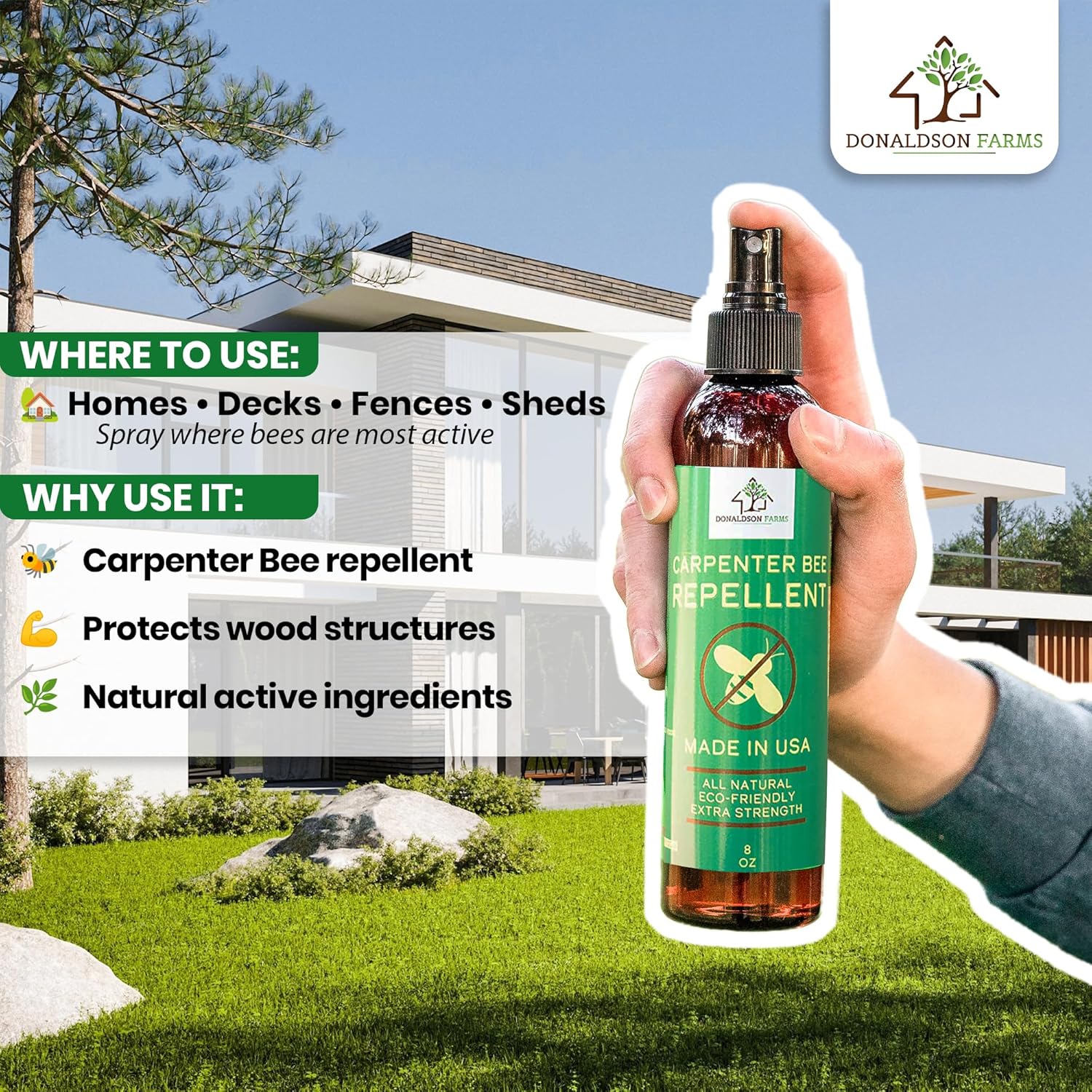 Donaldson Farms Carpenter Bee Repellent Spray – Nature-Derived, Eco-Friendly Protection for Decks, Fences & Outdoor Wood & Furniture from Bees with Citrus, Peppermint & Almond Oils, Made in USA – 8 oz