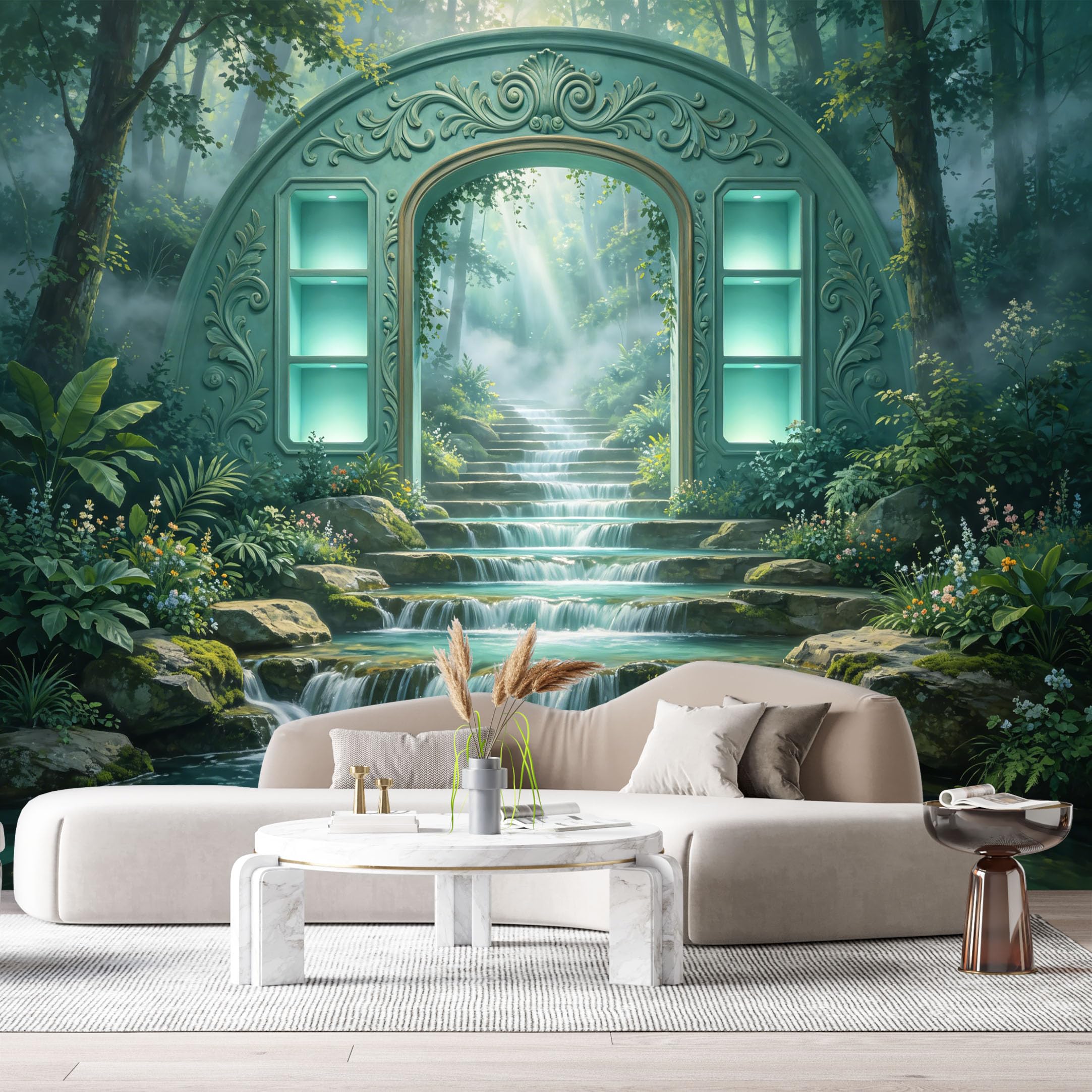 Custom Size Wall Murals Fantasy Forest Enchanted Gateway Turquoise Light 3D Trompe L'Oeil SelfAdhesiveWall Fabric Removable Wallpaper Wall Decor for Living Room Bedroom Bathroom