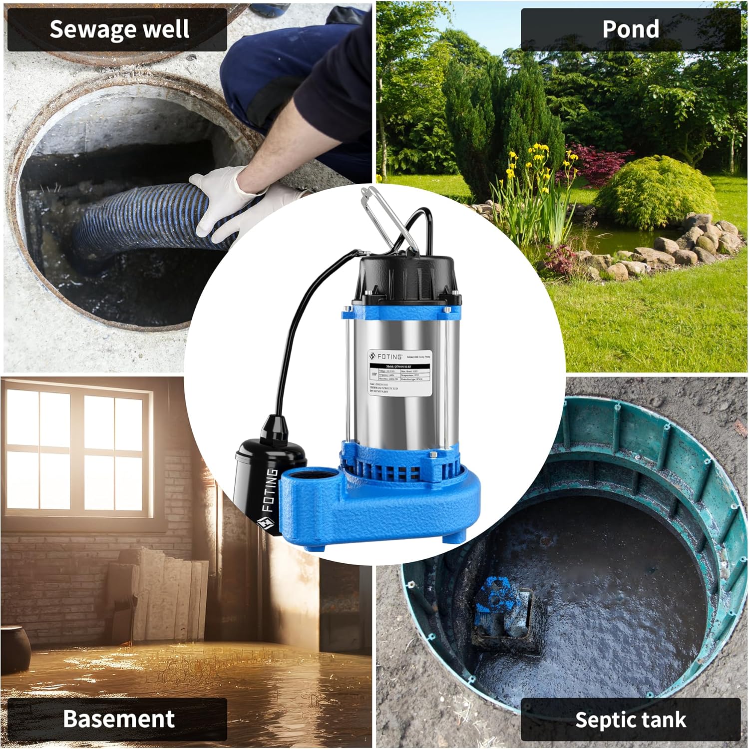 FOTING Sump Pump Submersible Sewage/Effluent Pump - Heavy Duty Cast Iron - 115V Septic Pump for Sump Basin/Residential/Sewage/Basement, 1HP 6000 GPH Sewage Pumps 1-1/2'' NPT