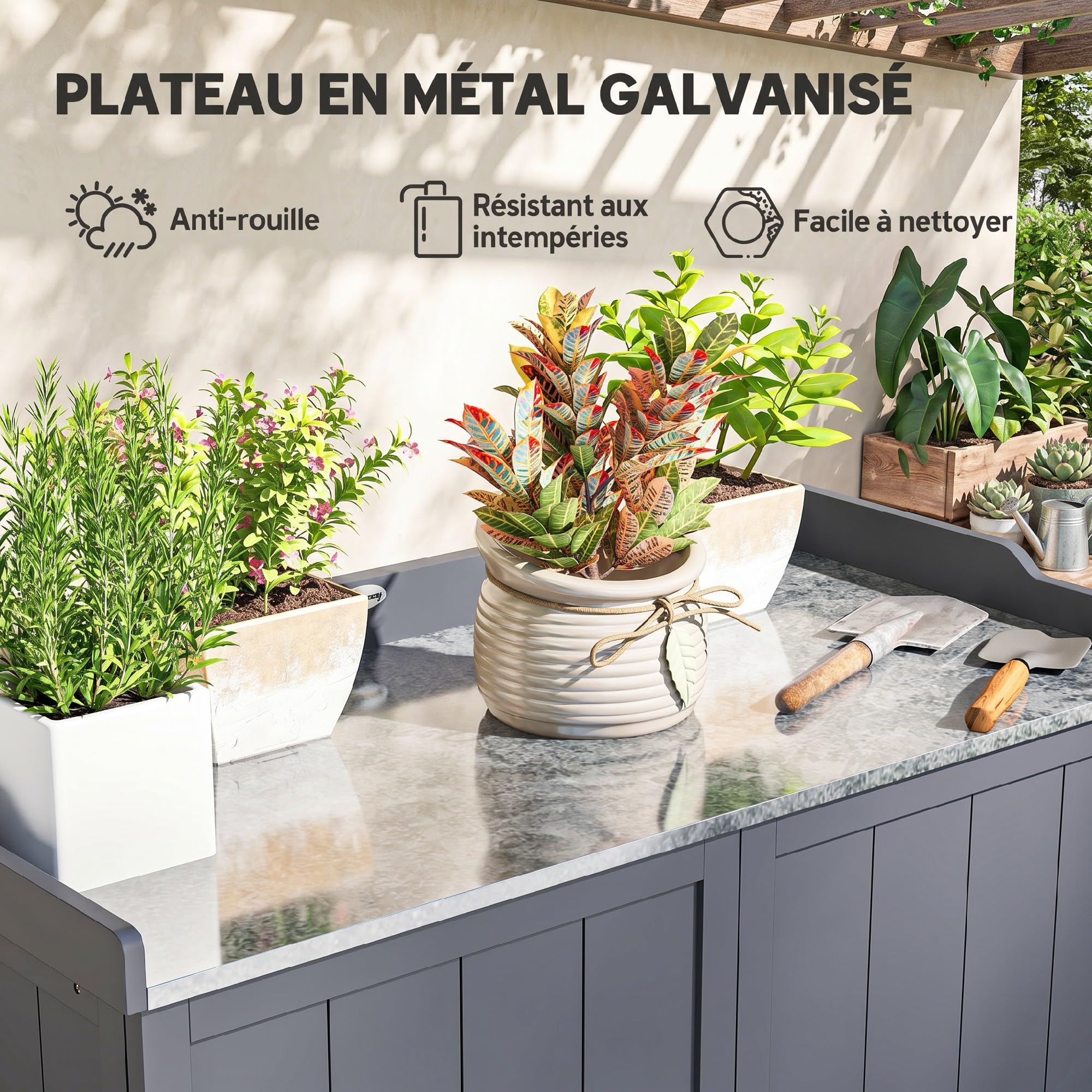 Outsunny Armoire de Rangement de Jardin sur Pied avec Double Porte Gris | Table de Rempotage 2 en 1, Étagère Intégrée, Plateau en Métal Galvanisé