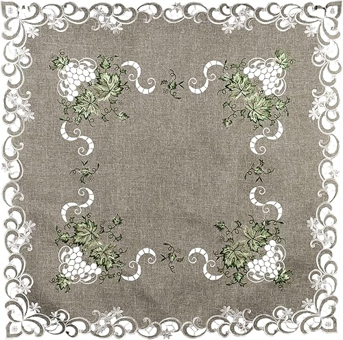 Linens, Art and Things Mantel pequeño bordado con hojas verdes sobre tela verde antiguo, mantel pequeño, bufanda de 33 pulgadas, tapete cuadrado