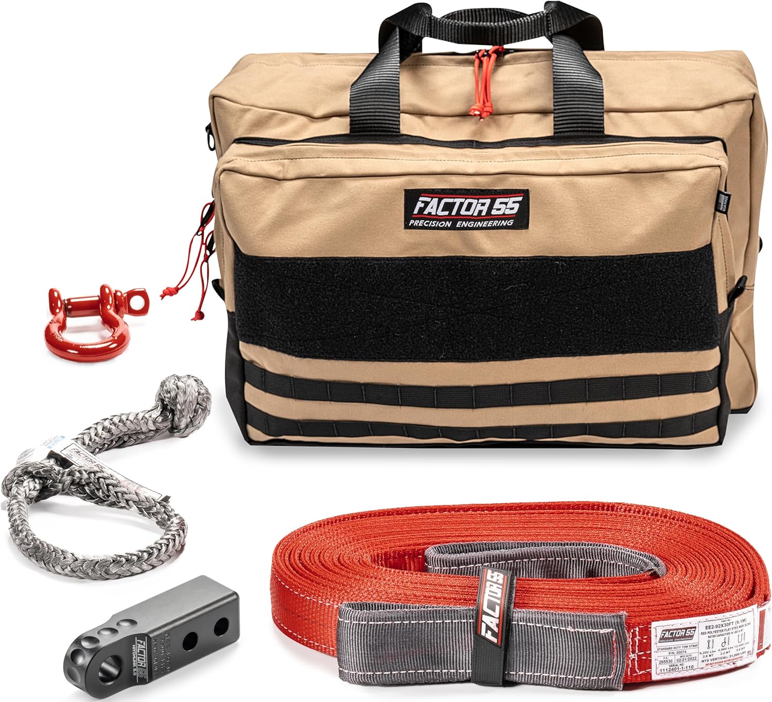 Factor 55 Owyhee Tow and Recovery Kit for Trucks, Jeeps, and SUVs, with Black Hitchlink and Large Bag