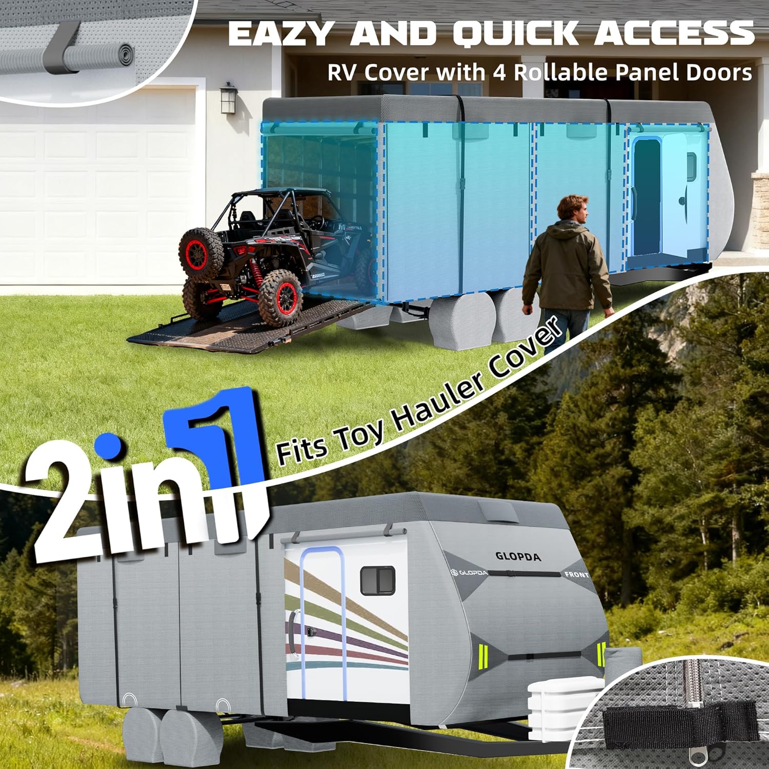 Travel Trailer RV Cover 14-16ft, Heavy Duty 7 Layers Camper Cover Waterproof & Windproof Toy Hauler Cover with 4 Tire Cover, Tongue Jack Cover, Extra Windproof Ropes and Gutter Covers