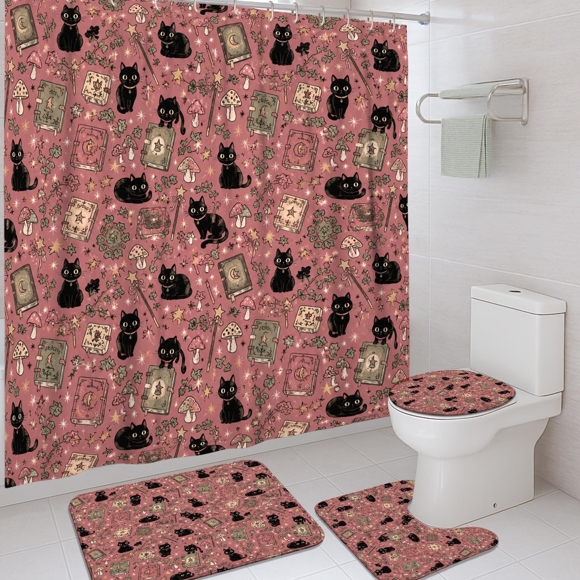 Rideau de douche lavable chat champignons fantastiques en toile 183x183