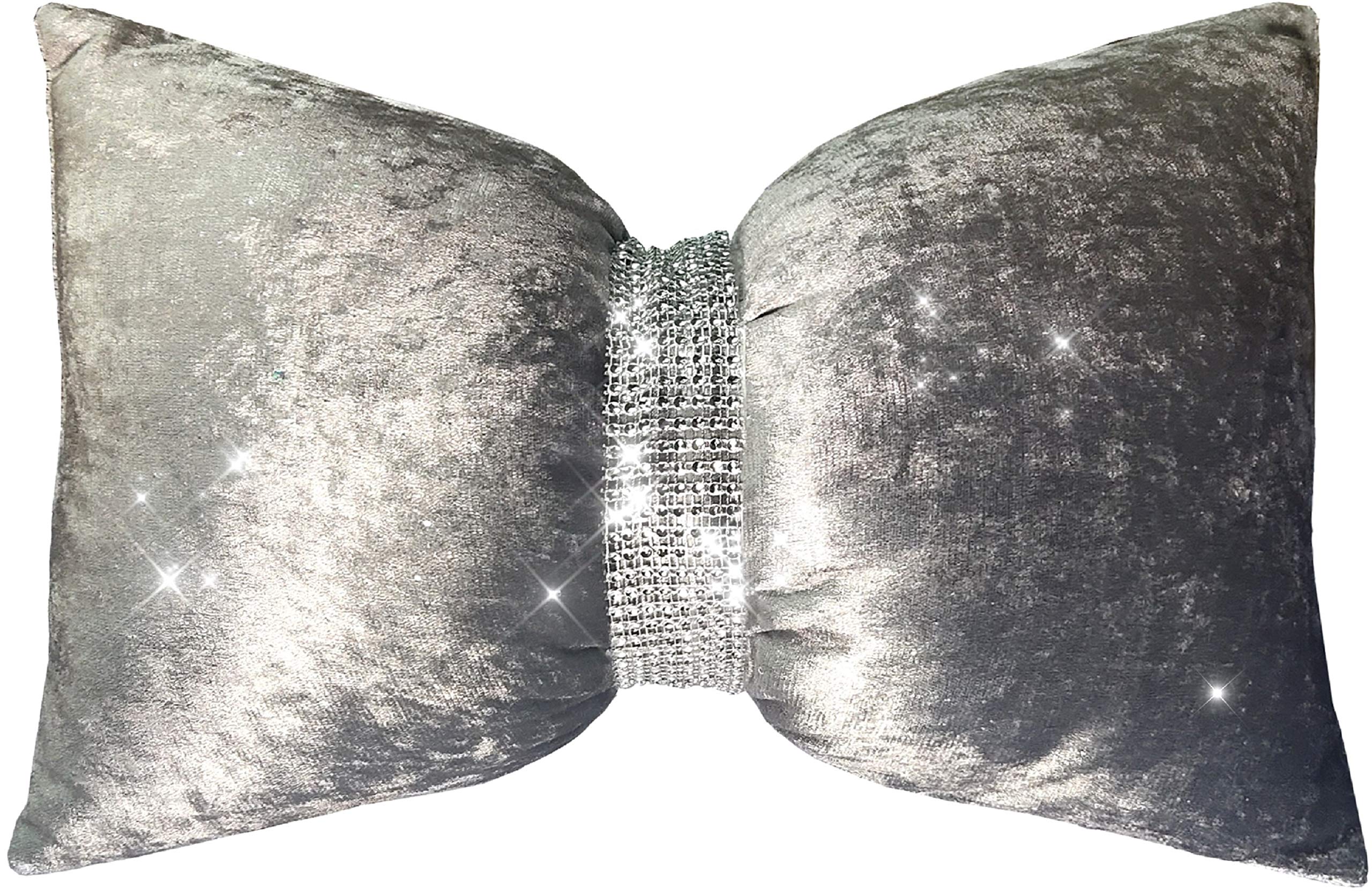 LES4U Crushed Velvet Boudoir Diamante 2-Tone Cushion Ombre Accent Décor Cushion Bow Styled Sparkle Breakfast Pillow 2 in 1 Designer Filled Cushion W30 x L45cm (Mink/Champagne, 12 x 18)