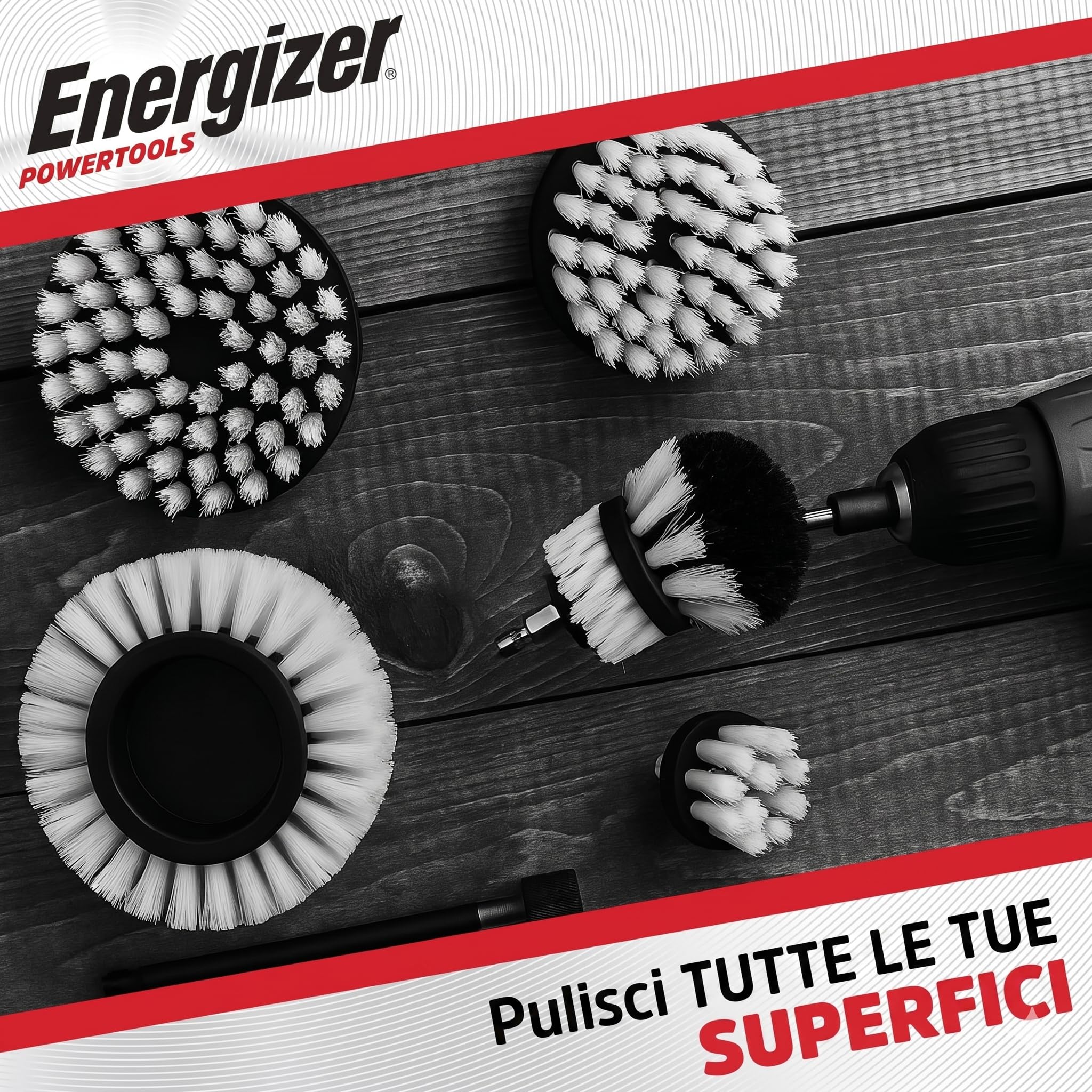 Energizer - Set di spazzole per pulizia trapano, 6 pezzi, spazzola per trapano auto, pulizia, cerchioni, piastrelle, tappeti, vasca, cucina, WC, pavimento - prolunga pratica inclusa