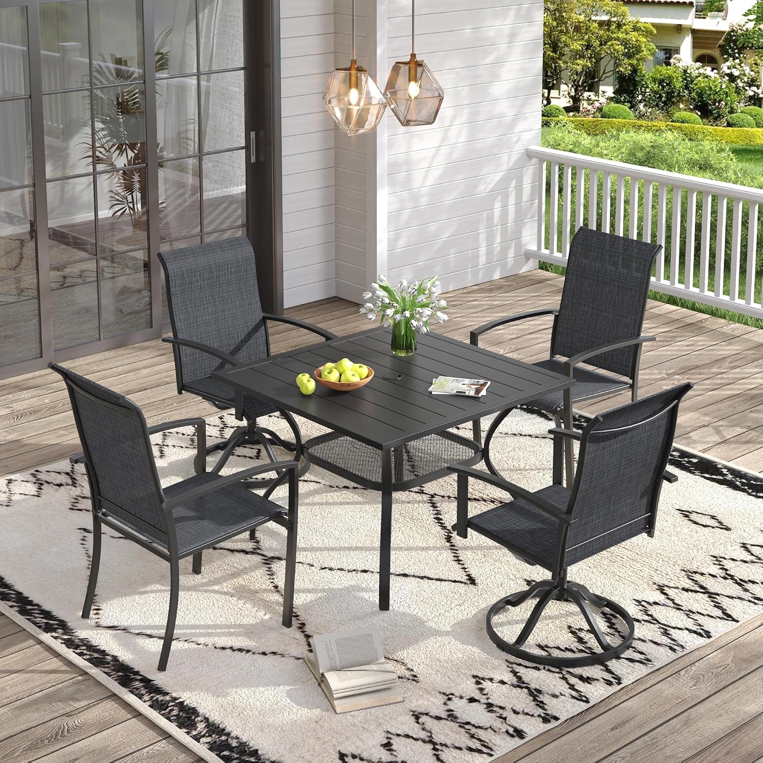 VICLLAX 5 Pieces Patio Dining Set for 4, 37.8" Square Outdoor Table and Chairs (2 Fixed Chairs and 2 Swivel Chairs) for Deck Garden, Black