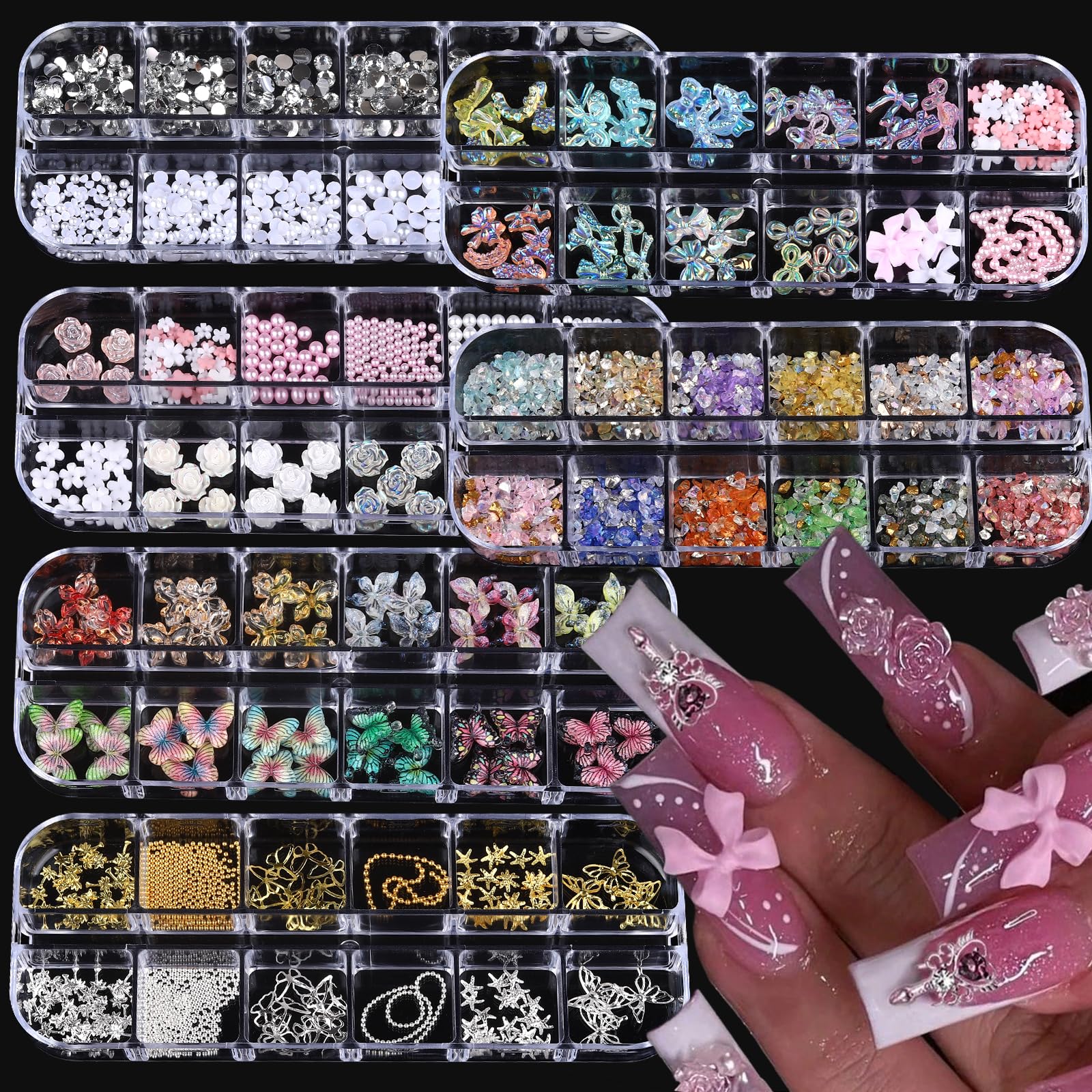 Nail Charms, Multi Shape Nail Rhinestones Kit 3D Multi Shape Nail Gems Colorful Butterfly Flowers Nail Crystals Flat Back Nail Pearls for Nail Art Supplies DIY Accessories 6 Boxes