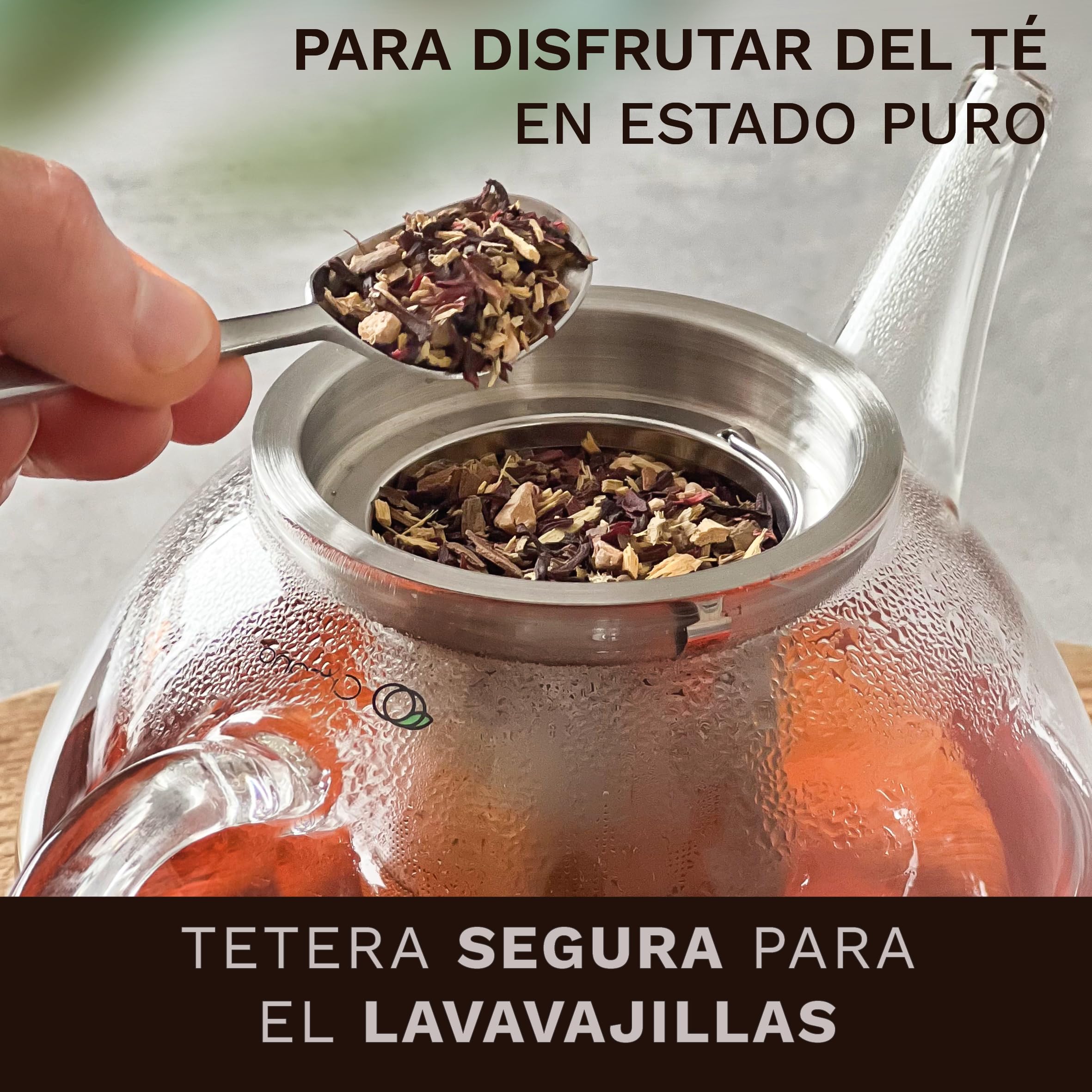 Creano Tetera de Vidrio „Plana“ 1,2L con Filtro de Vidrio y Calentador „Leaf“ Negro – Infusión Pura sin Sabor Metálico