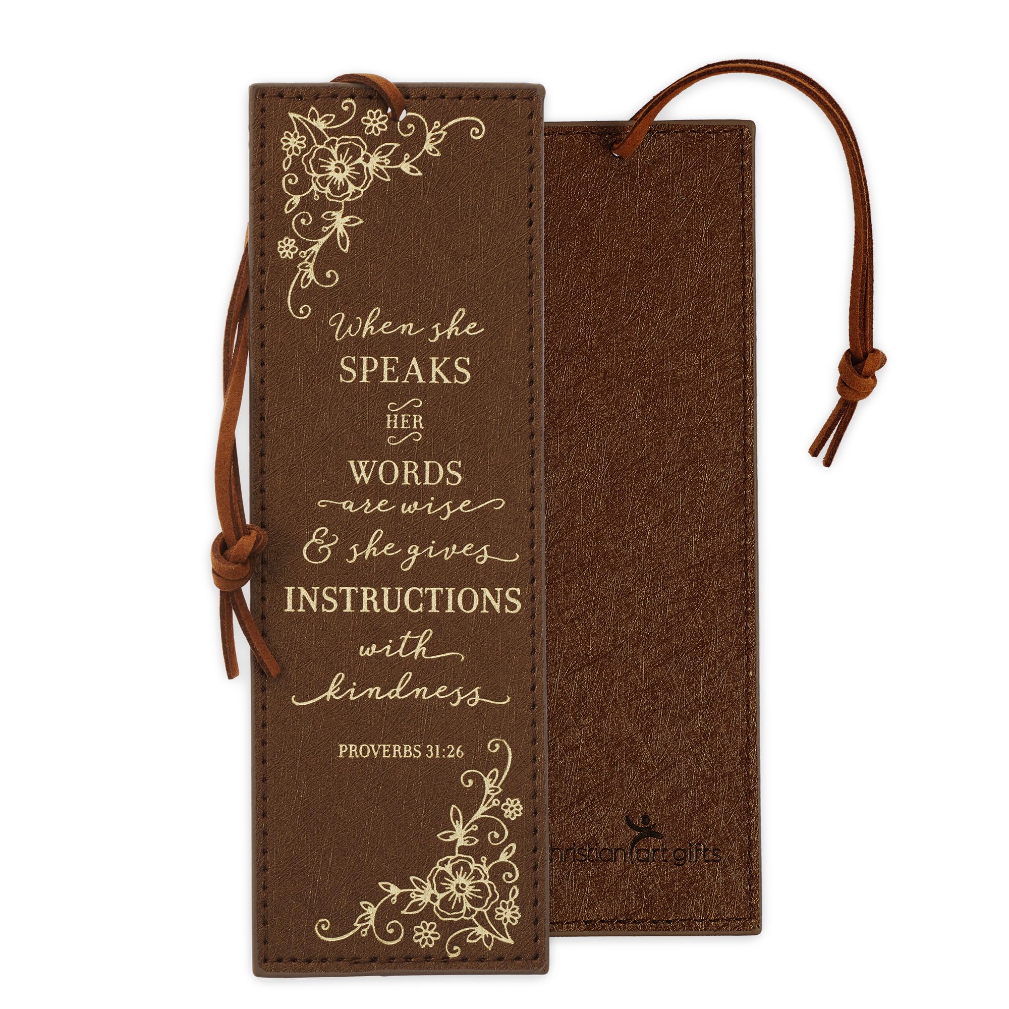 Christian Art Gifts Premium Vegan Faux Leather Scripture Bookmark for Women: When She Speaks - Proverbs 31:26 Inspirational Bible Verse, Heat-Debossed, Faith-Based Reading Accessory with Cord, Brown