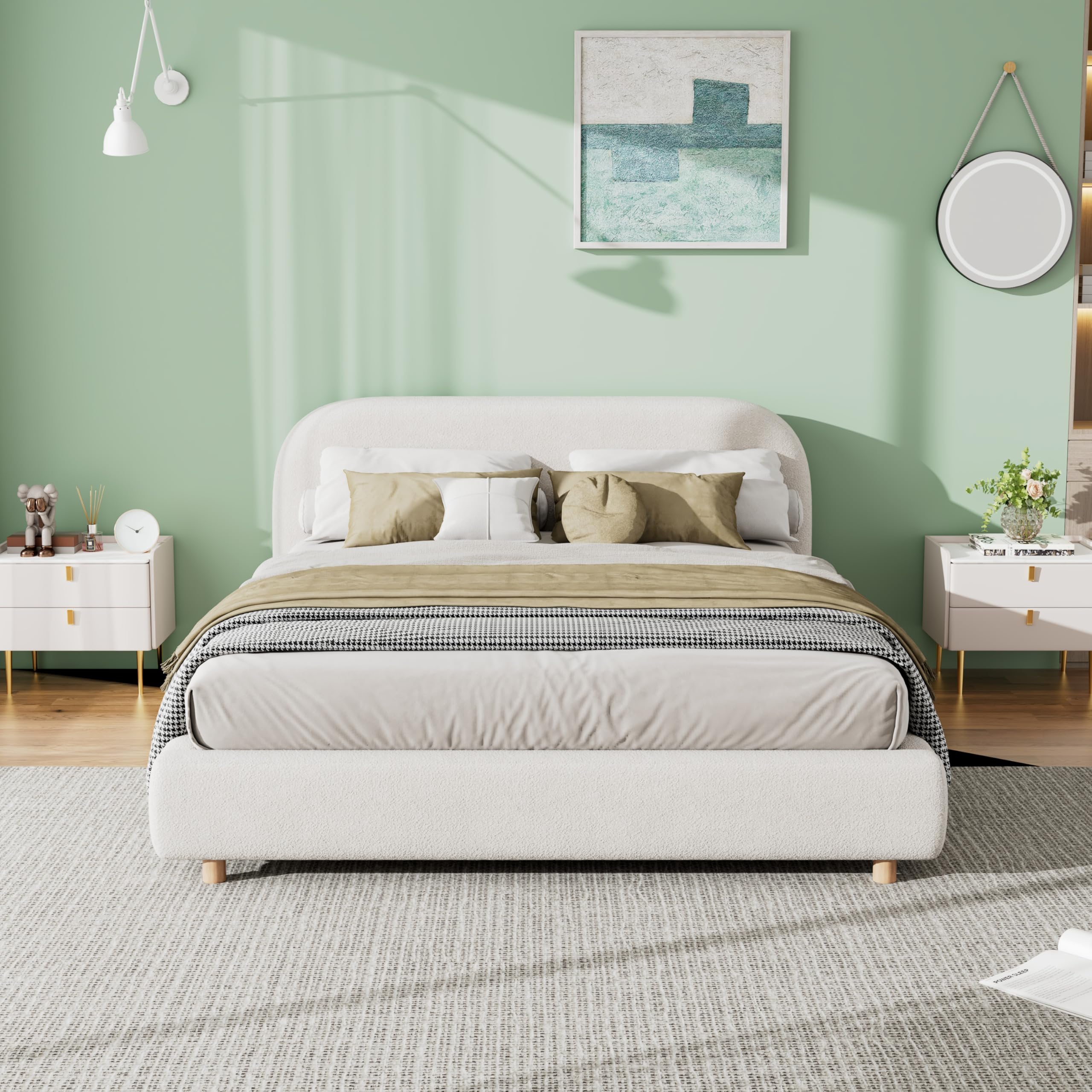 HRJHLucky Queen Size Boucle Fabric Upholstered Bed with Curved Shaped Headboard for Bedroom (Queen)