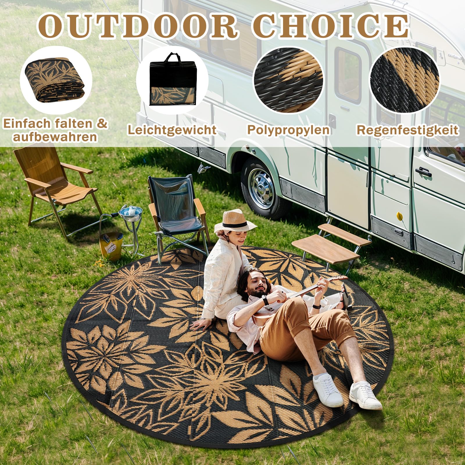 Outdoor Teppich Rund Schwarz 180 cm, Boho Wetterfest Wendbarer Outdoorteppich, Kunststoff Terrassenteppich, UV-beständige Teppich für Garten RV Camping Deck Balkon Patio Strand Picknick Schwarz