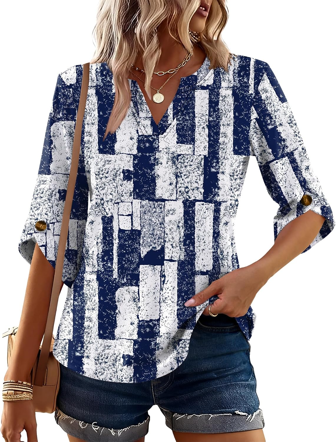 Kistore Womens 3/4 Length Sleeve Tunic Tops Dressy Casual V Neck Shirts Trendy Flowy Tees thumbnail