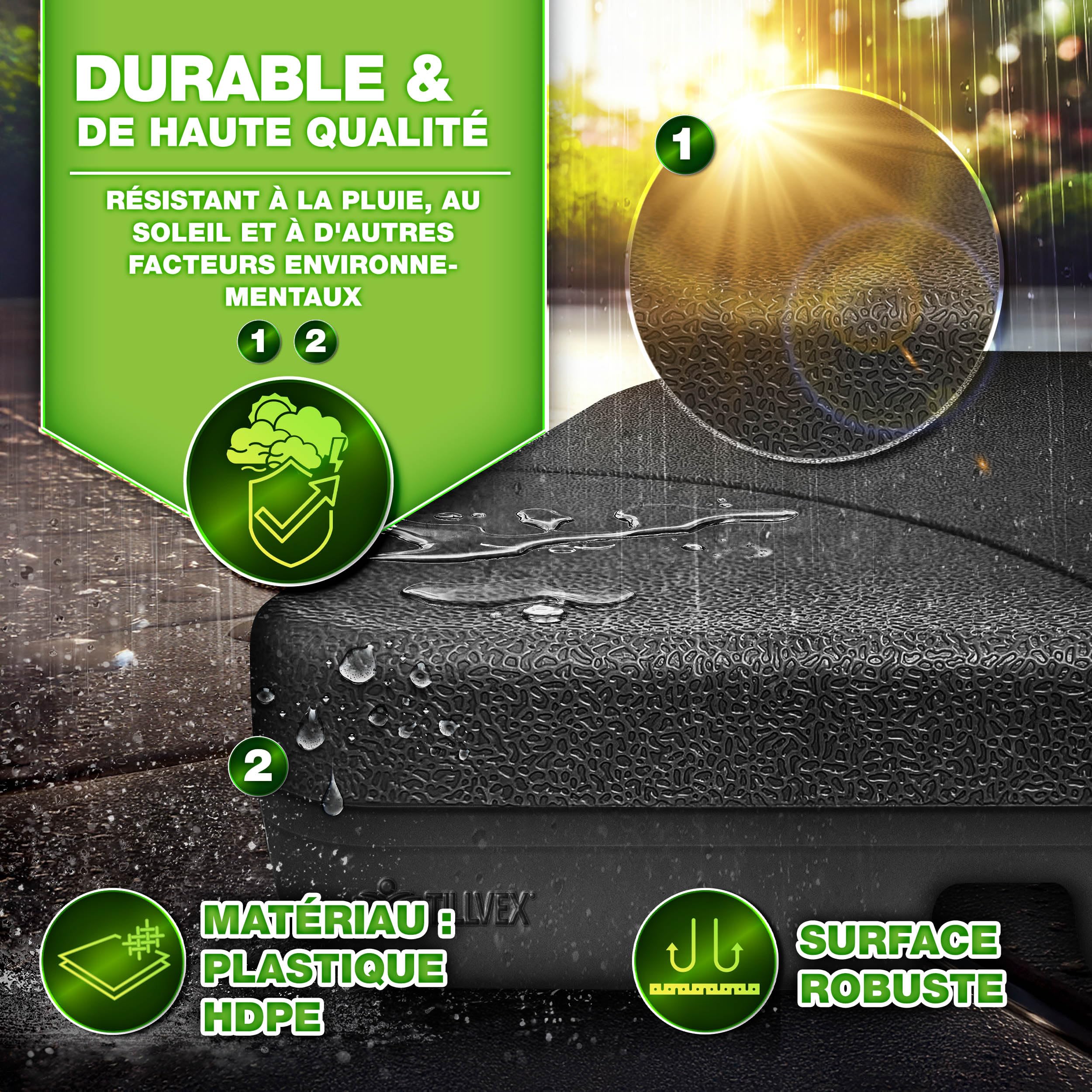 tillvex® Lestage & Dalles Carrées pour Parasol Déporté – Pied de Parasol 60 litres / 80 kg, 4 Pièces avec Connecteur Métallique | Base Remplissable avec Eau ou Sable | Support de Parasol (Noir)